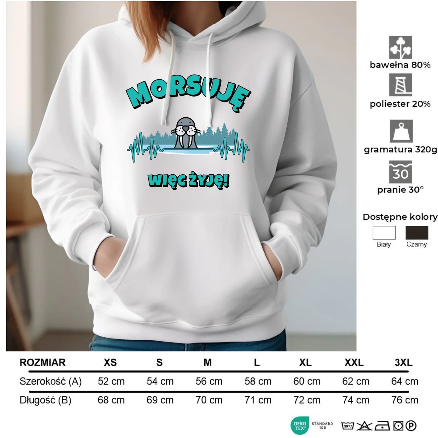 Bluza damska z kapturem - prezent dla morsa - Morsuję więc żyję - Mors HM02 - StoryCups.pl