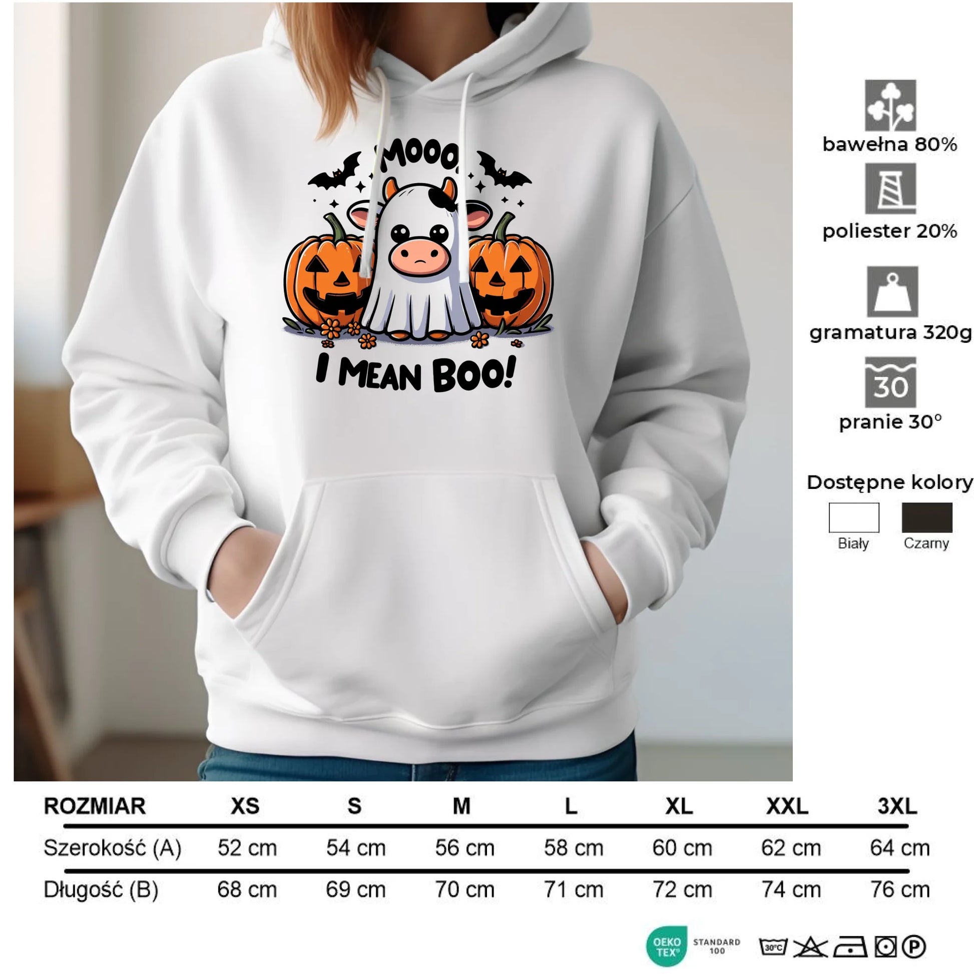 Bluza damska z kapturem na Halloween - Mooo I mean Boo! - z dynią i duchem HL14 - StoryCups.pl
