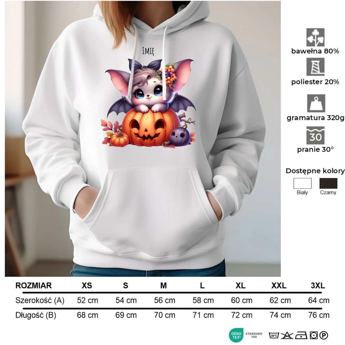 Bluza damska z kapturem halloweenowa - Uroczy nietoperz z dynią - personalizowana HL08 - StoryCups.pl