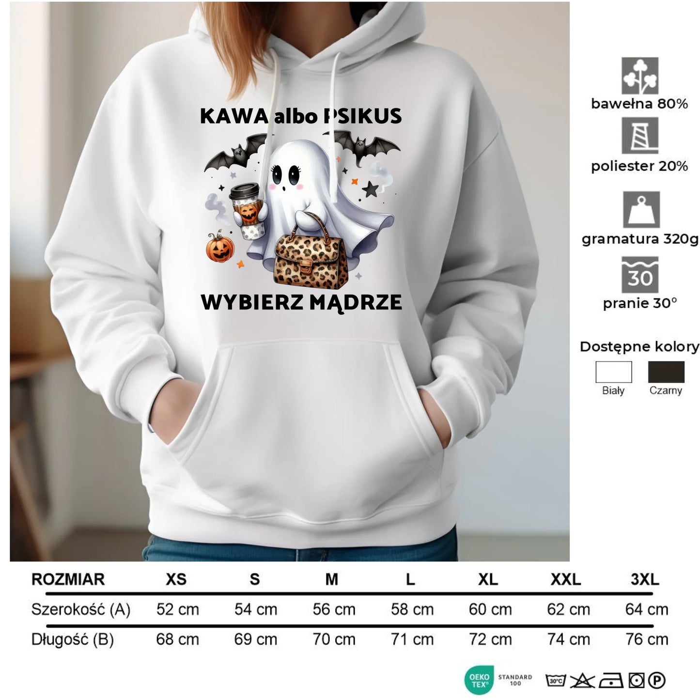 Bluza damska z kapturem halloweenowa - Duch - Kawa albo psikus HL07 - StoryCups.pl