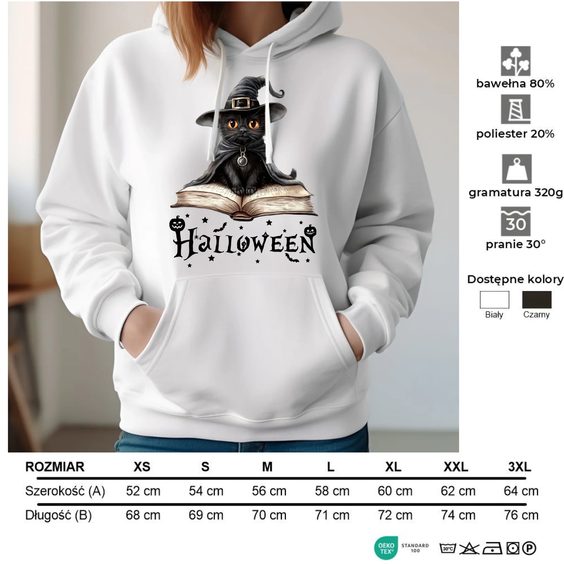 Bluza damska z kapturem na Halloween - Kot Czarodziej HL06 - StoryCups.pl