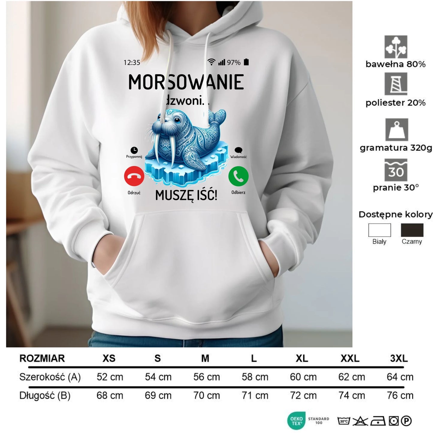 Bluza damska z kapturem - prezent dla morsa - Morsowanie dzwoni muszę iść - Mors HM04 - StoryCups.pl