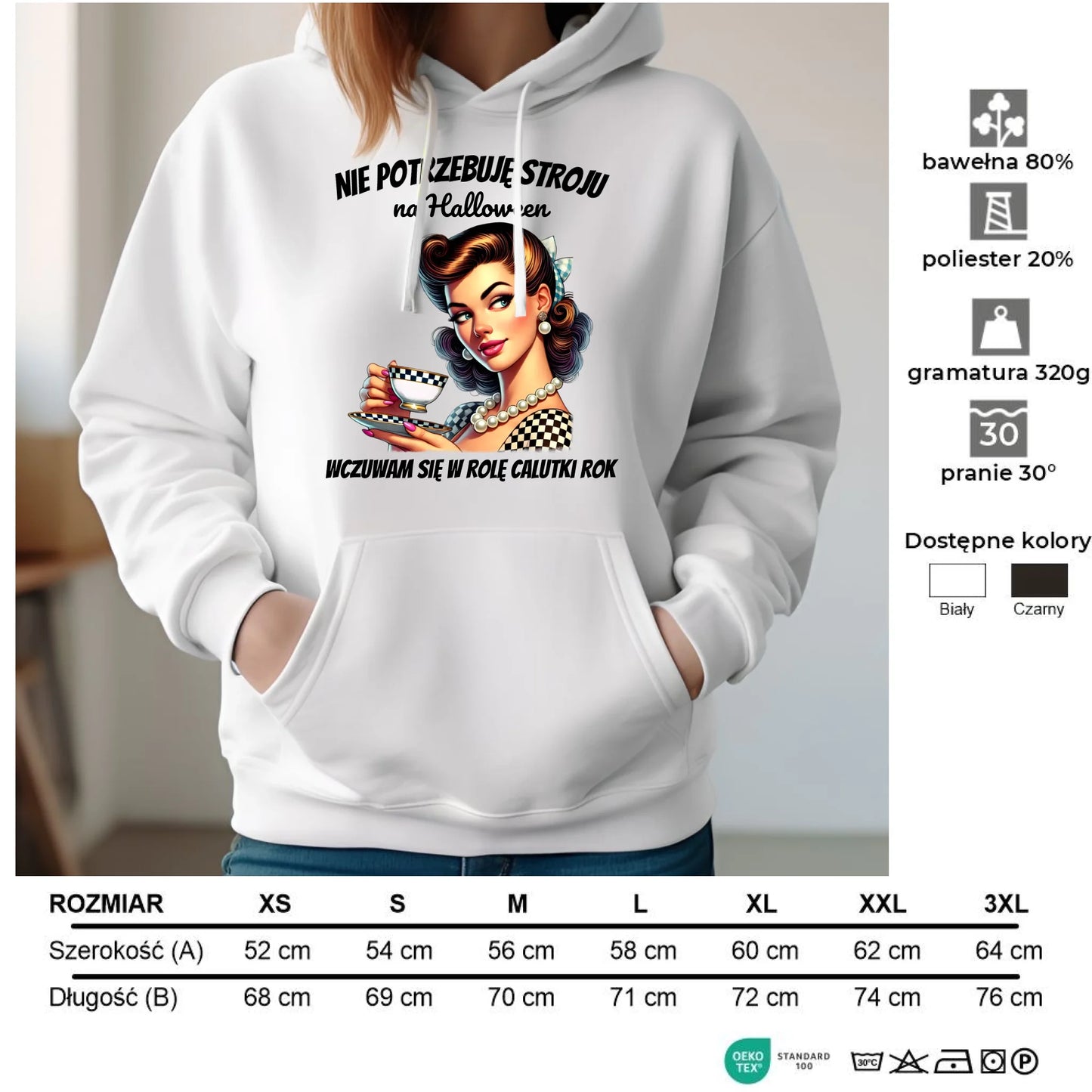 Bluza damska z kapturem retro pin-up girl – Nie potrzebuję stroju na Halloween HL29 - StoryCups.pl