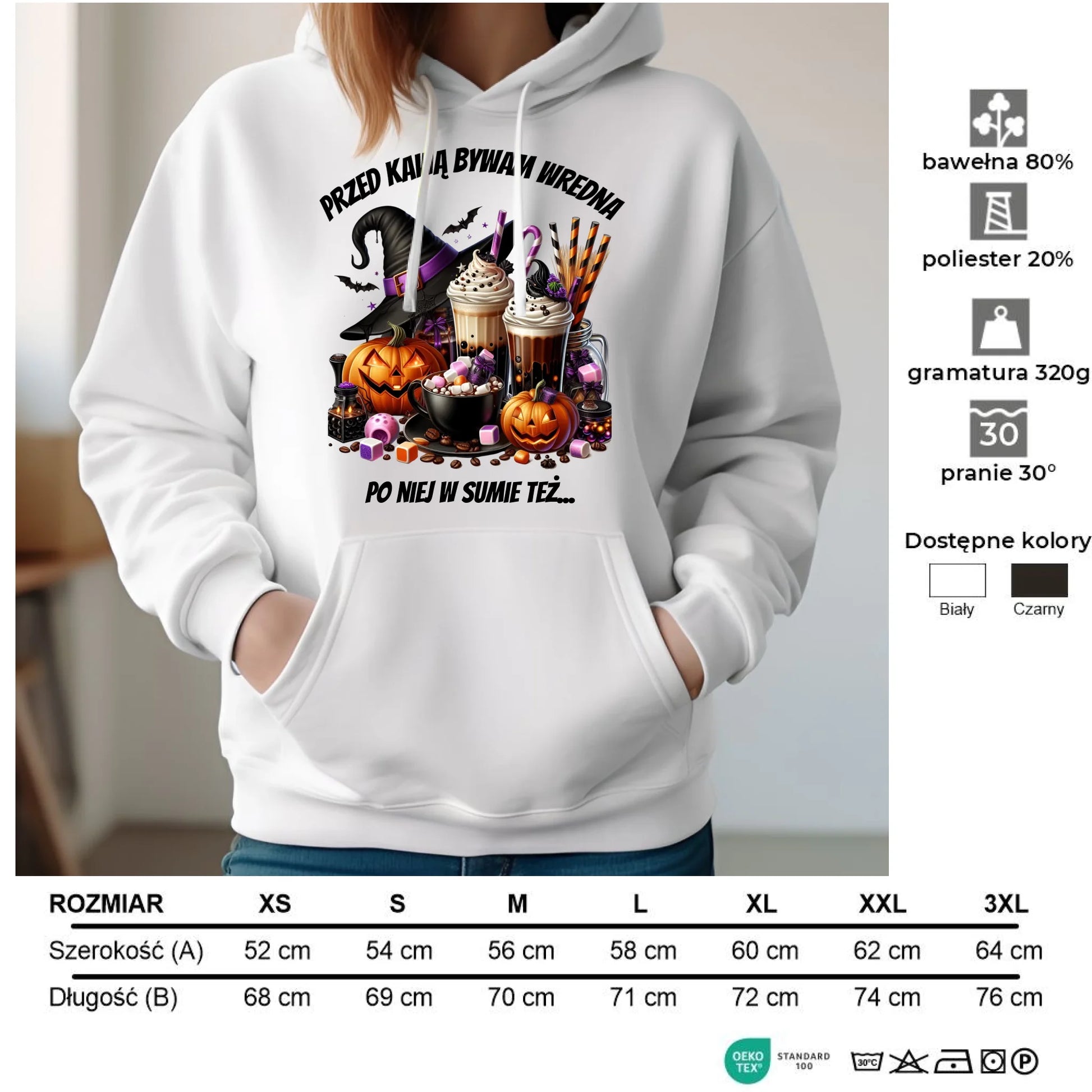 Bluza damska z kapturem Halloween – Przed kawą bywam wredna, po niej w sumie też HL30 - StoryCups.pl