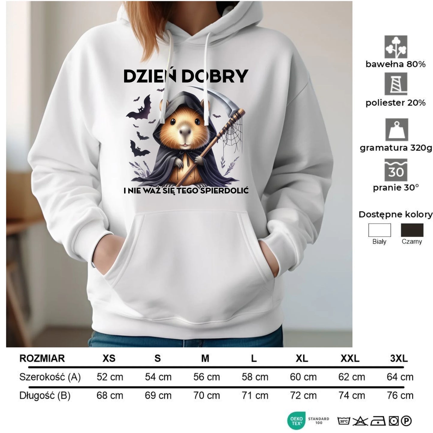 Bluza damska z kapturem na halloween - Kapibara Żniwiarz - Dzień dobry - bez cenzury HL20 - StoryCups.pl