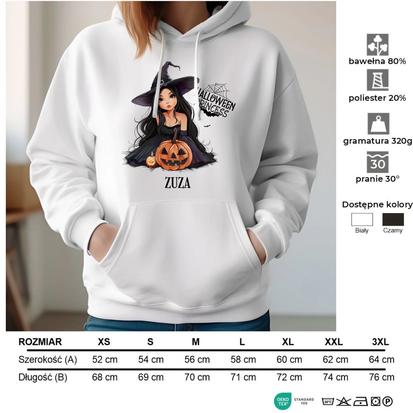 Bluza damska z kapturem halloweenowa - Czarownica z dynią - personalizowana HL10 - StoryCups.pl