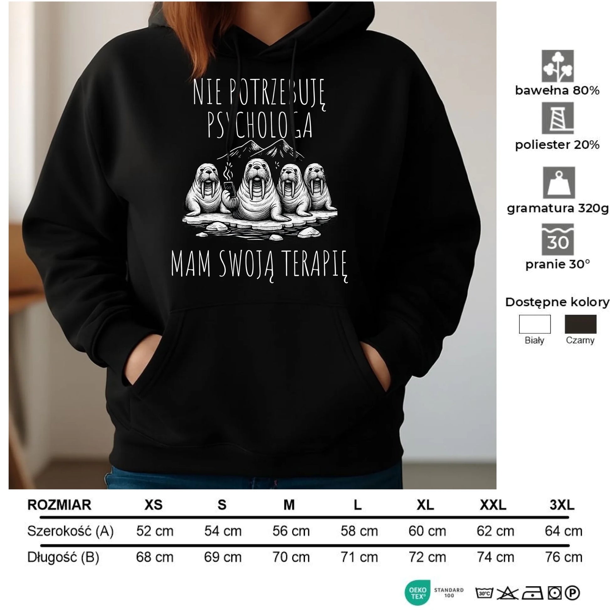 Bluza damska z kapturem - prezent dla morsa - Nie potrzebuję psychologa HM14 - StoryCups.pl