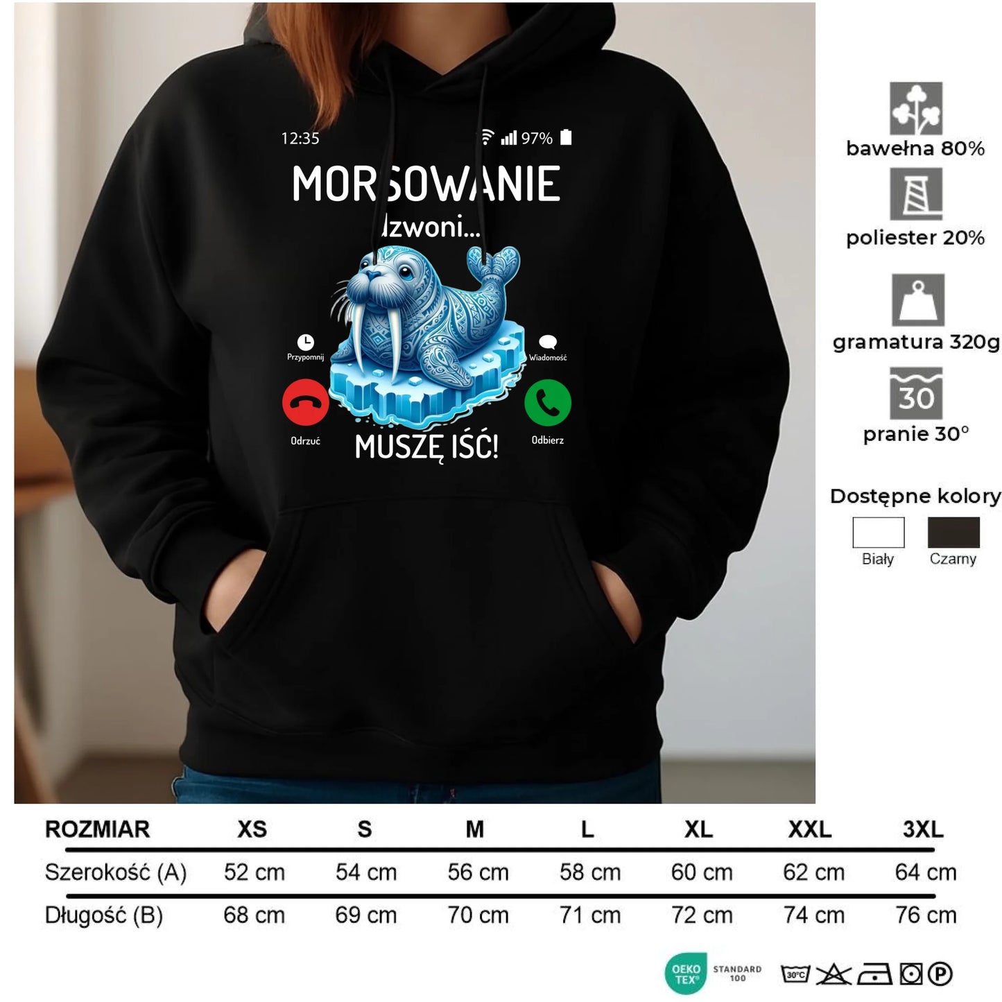 Bluza damska z kapturem - prezent dla morsa - Morsowanie dzwoni muszę iść - Mors HM04 - StoryCups.pl