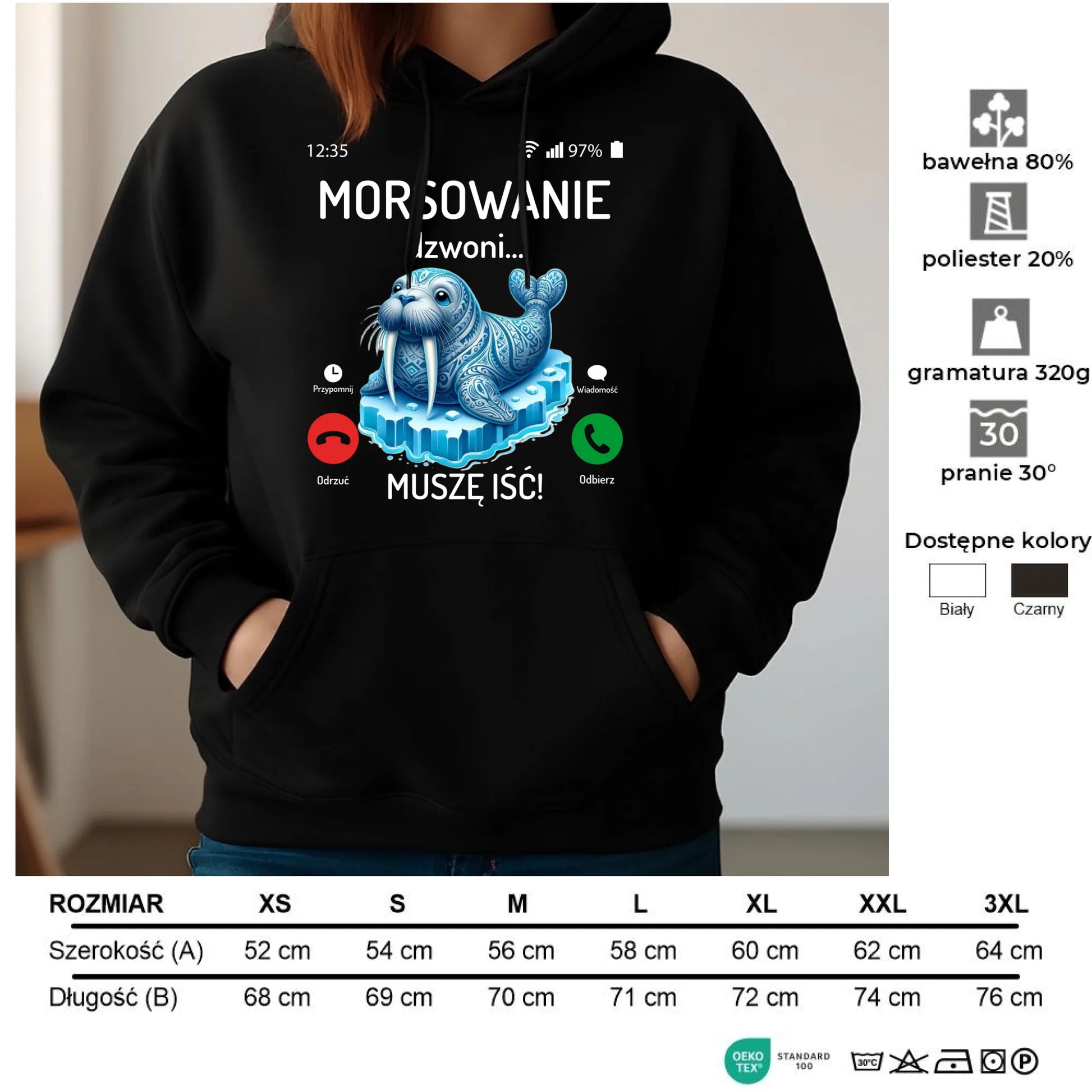 Bluza damska z kapturem - prezent dla morsa - Morsowanie dzwoni muszę iść - Mors HM04 - StoryCups.pl