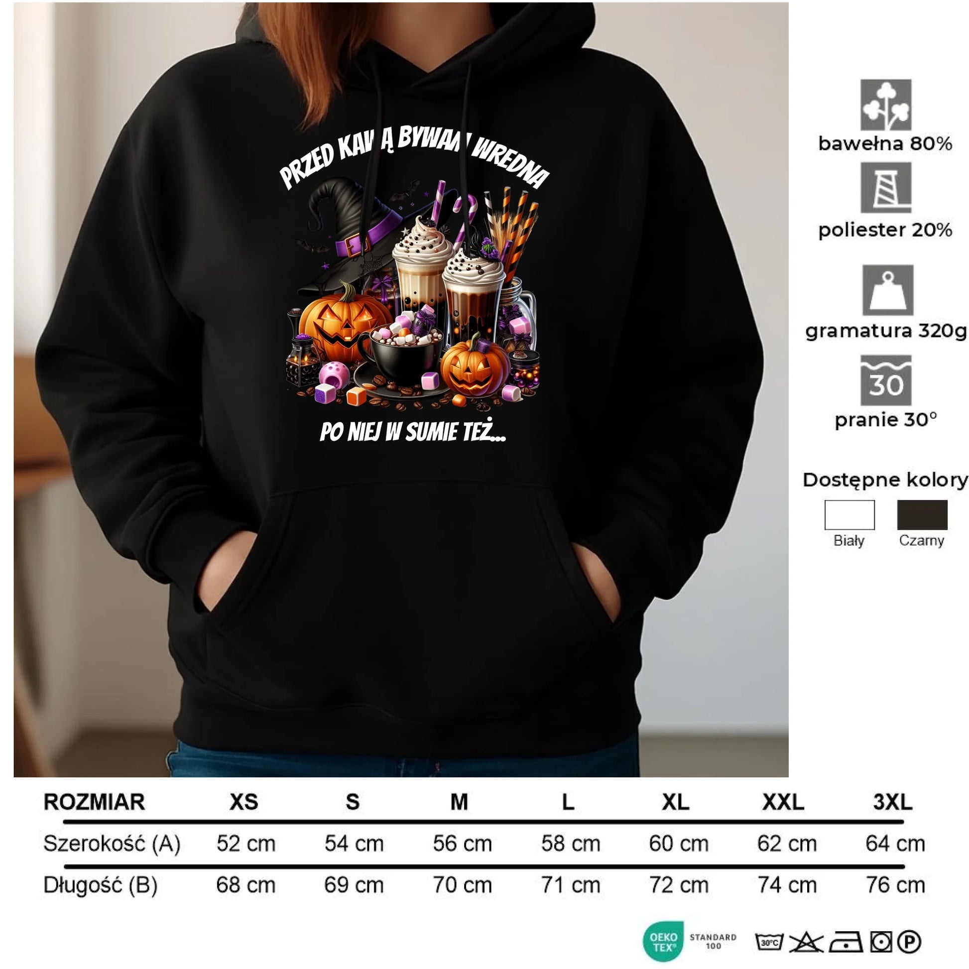 Bluza damska z kapturem Halloween – Przed kawą bywam wredna, po niej w sumie też HL30 - StoryCups.pl