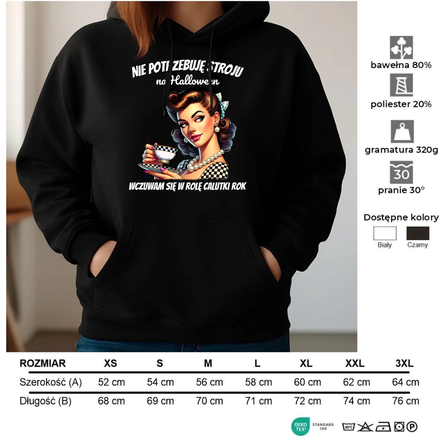 Bluza damska z kapturem retro pin-up girl – Nie potrzebuję stroju na Halloween HL29 - StoryCups.pl