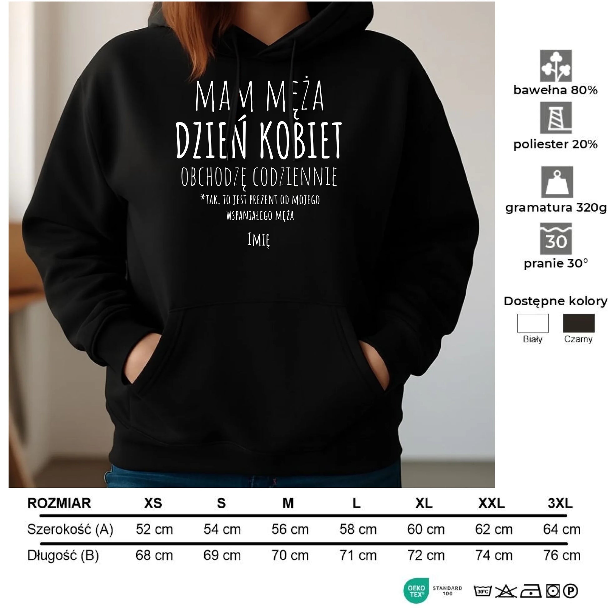 Bluza damska z kapturem - prezent dla żony - Mam męża Dzień Kobiet obchodzę codziennie - personalizowana Ż01 - StoryCups.pl