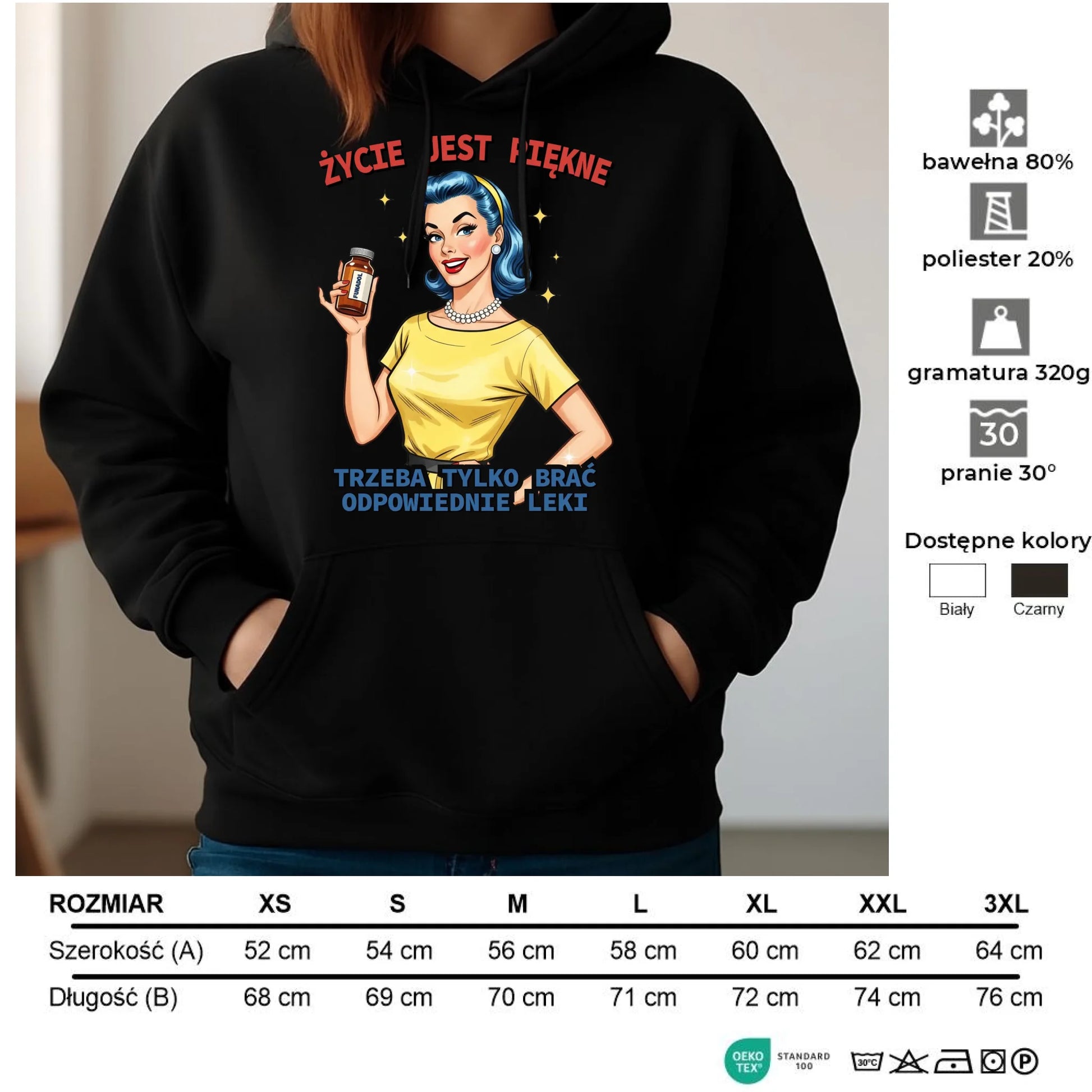 Bluza damska z kapturem retro - Życie jest piękne, trzeba brać odpowiednie leki DZ14 - StoryCups.pl