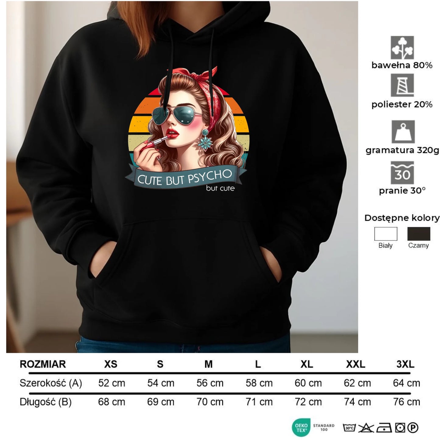 Bluza damska z kapturem – Cute but psycho - w stylu retro DZ09 - StoryCups.pl