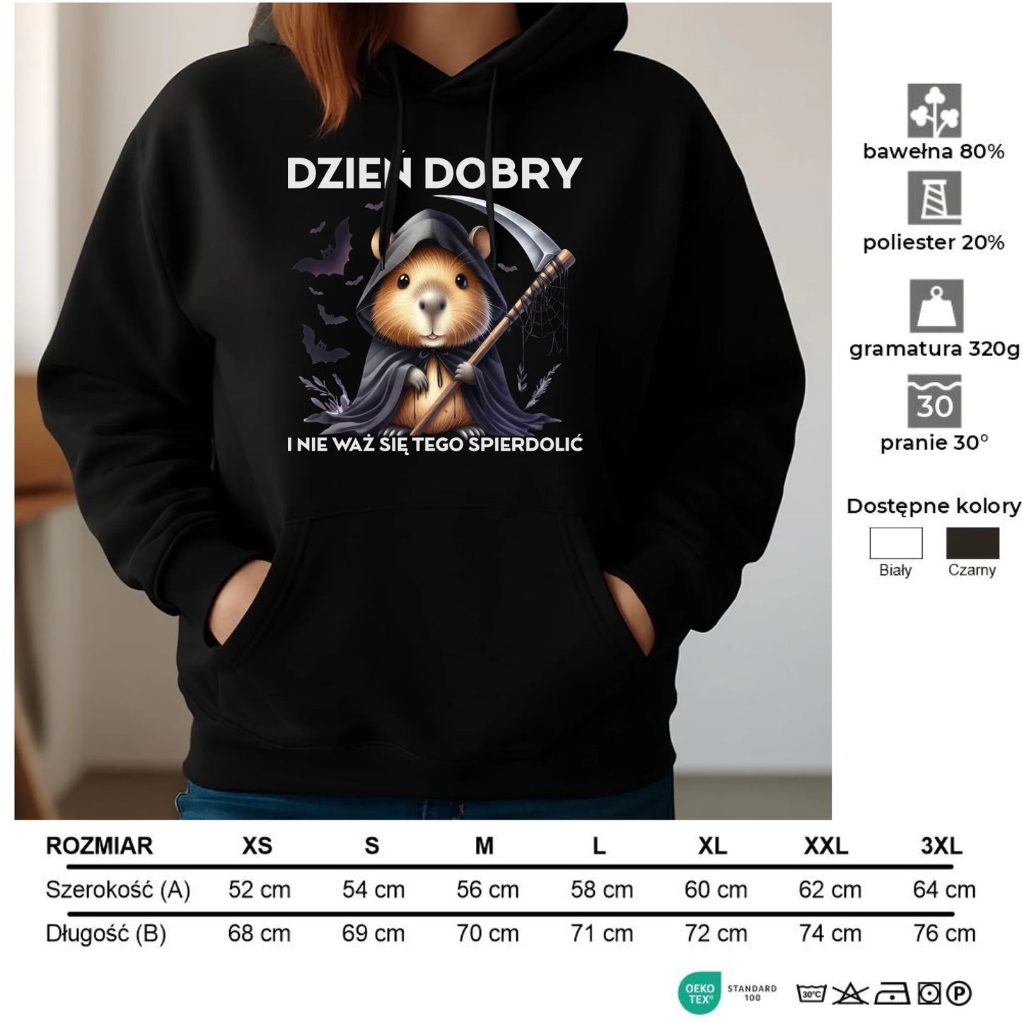 Bluza damska z kapturem na halloween - Kapibara Żniwiarz - Dzień dobry - bez cenzury HL20 - StoryCups.pl