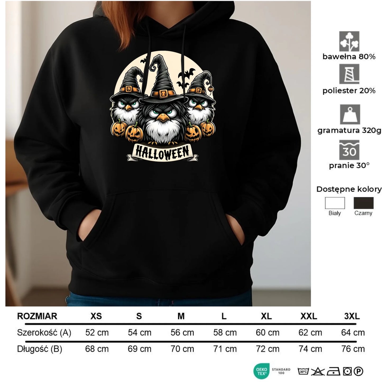 Bluza damska z kapturem na Halloween - Upiorne sowy wiedźmy HL15 - StoryCups.pl