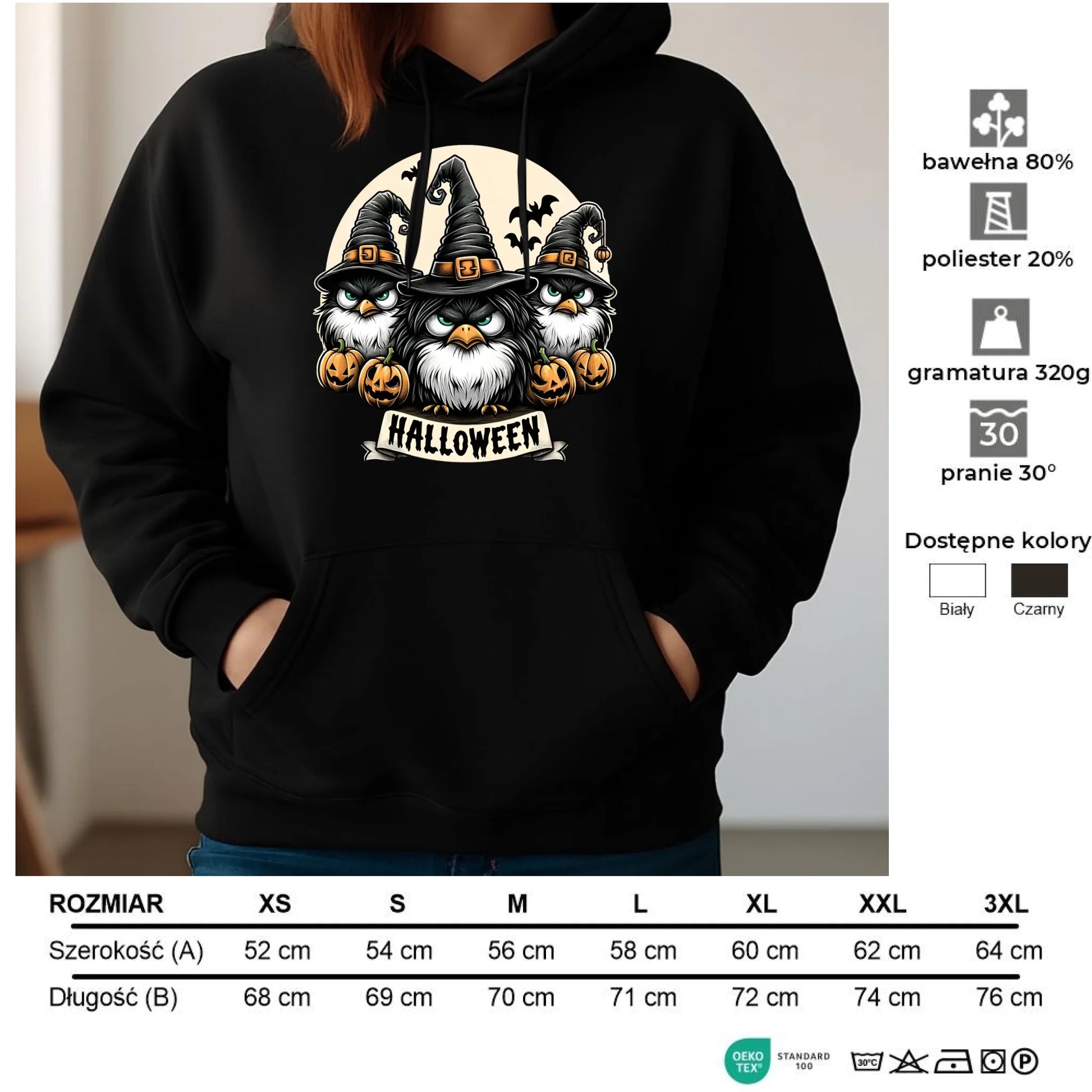 Bluza damska z kapturem na Halloween - Upiorne sowy wiedźmy HL15 - StoryCups.pl