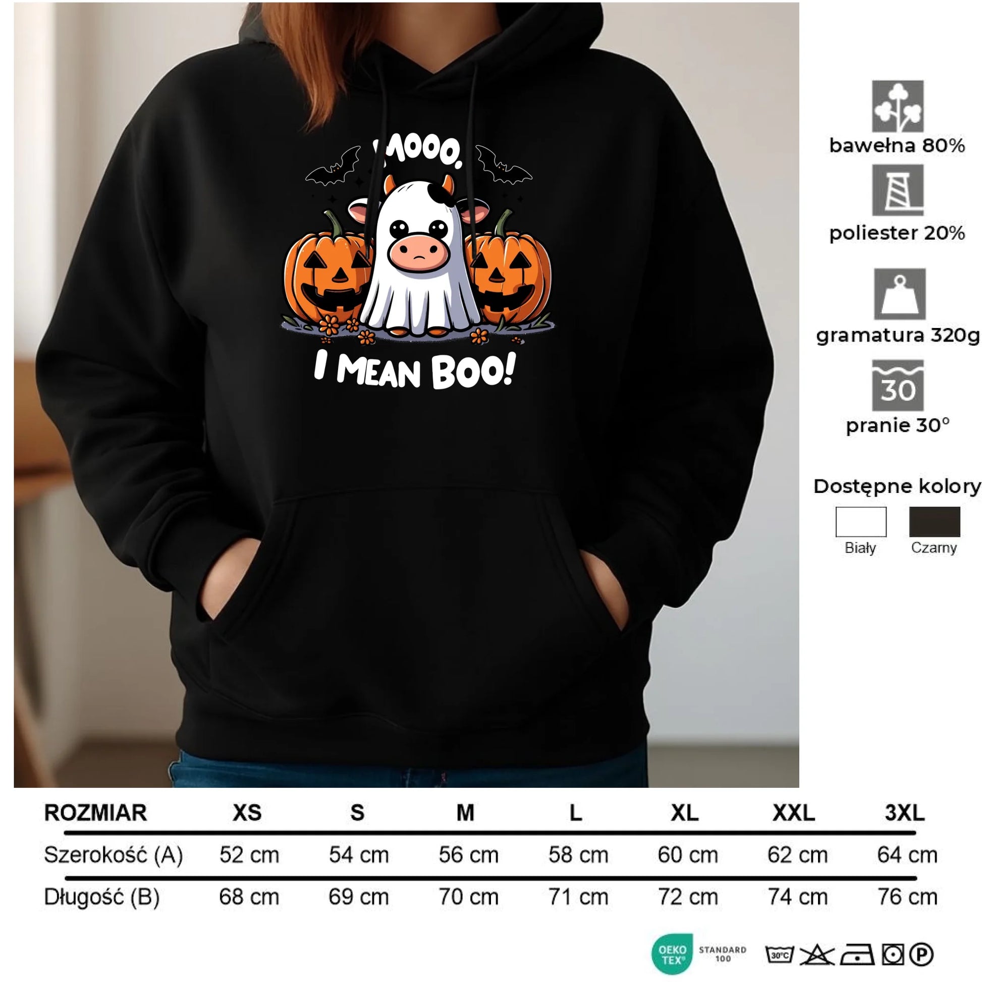 Bluza damska z kapturem na Halloween - Mooo I mean Boo! - z dynią i duchem HL14 - StoryCups.pl