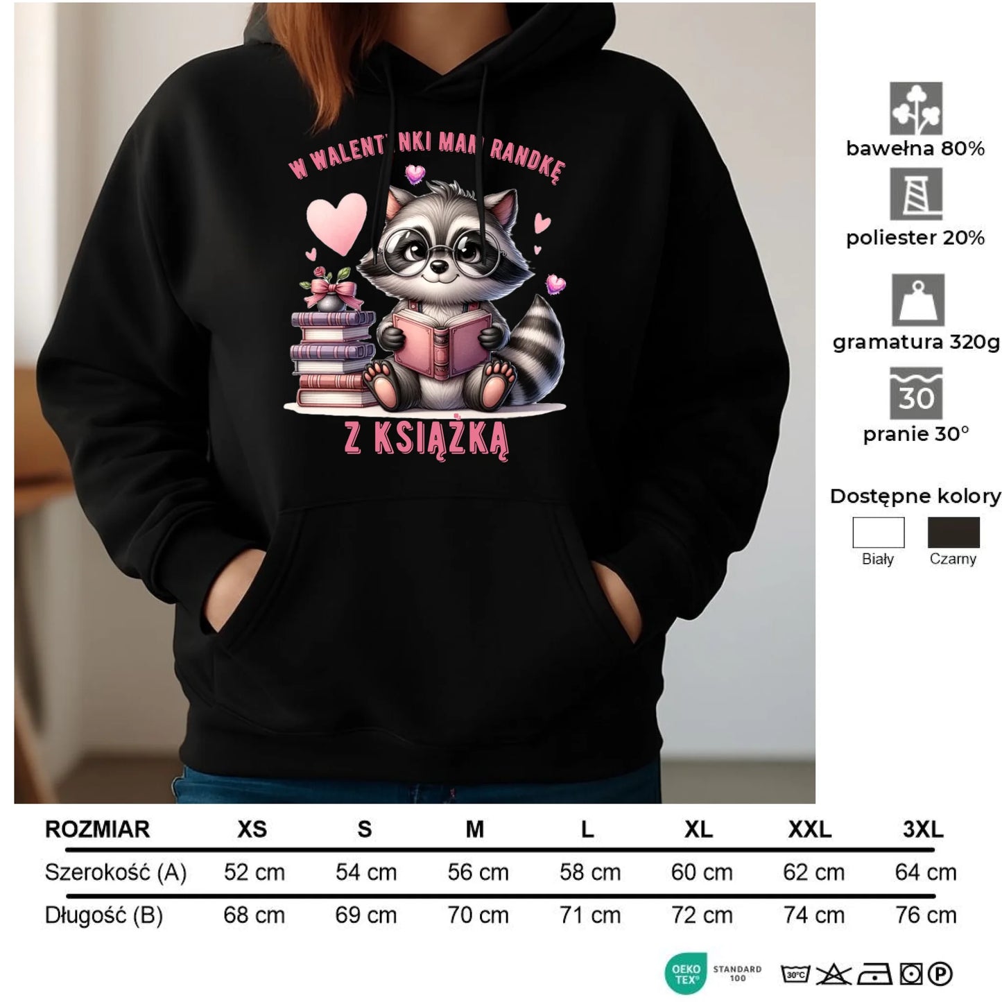 Bluza damska z kapturem na Walentynki dla mola książkowego – Mam randkę z książką W20 - StoryCups.pl