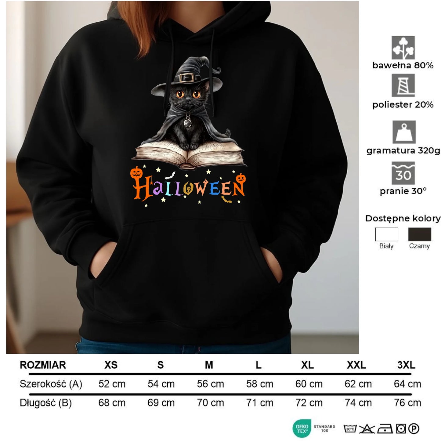Bluza damska z kapturem na Halloween - Kot Czarodziej HL06 - StoryCups.pl