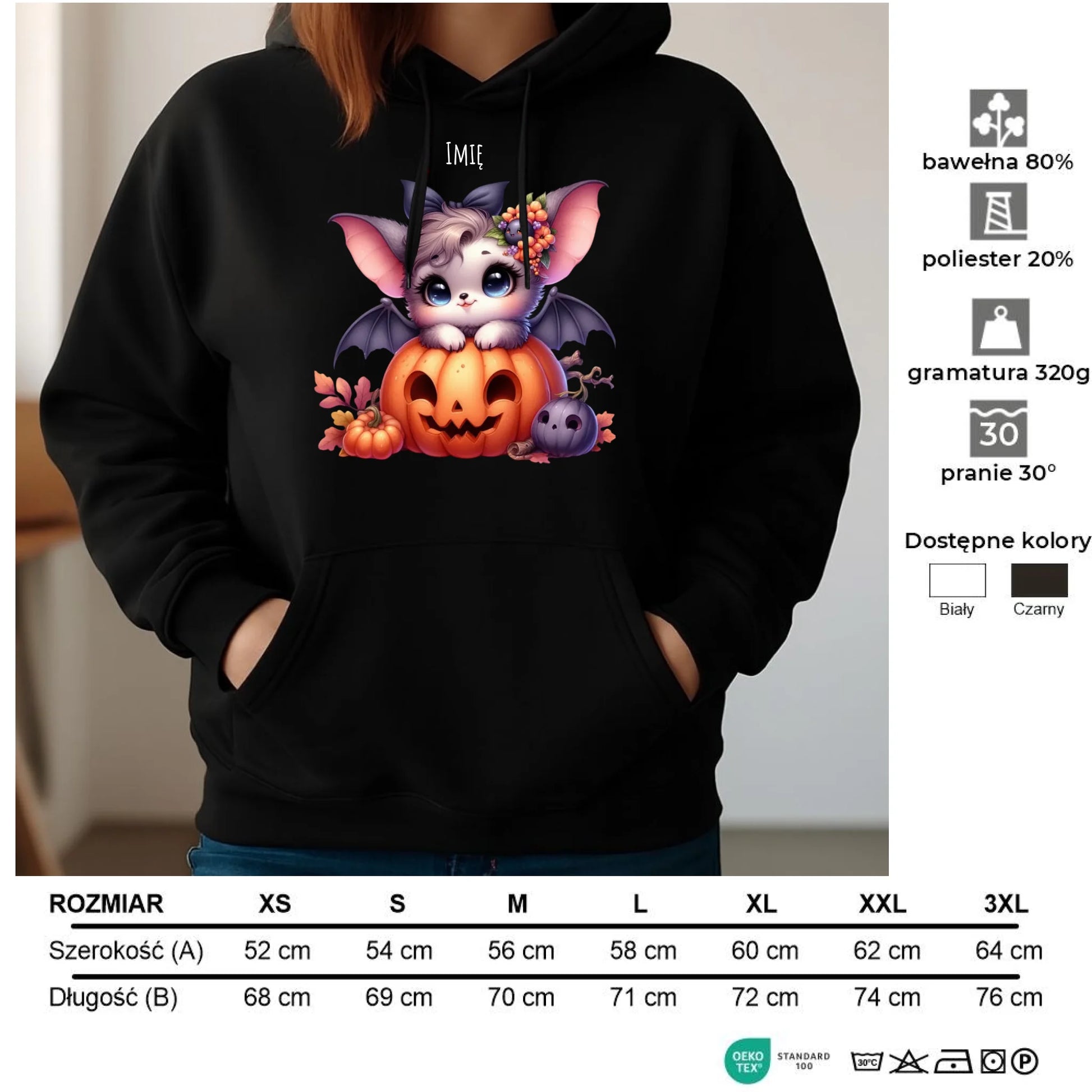 Bluza damska z kapturem halloweenowa - Uroczy nietoperz z dynią - personalizowana HL08 - StoryCups.pl