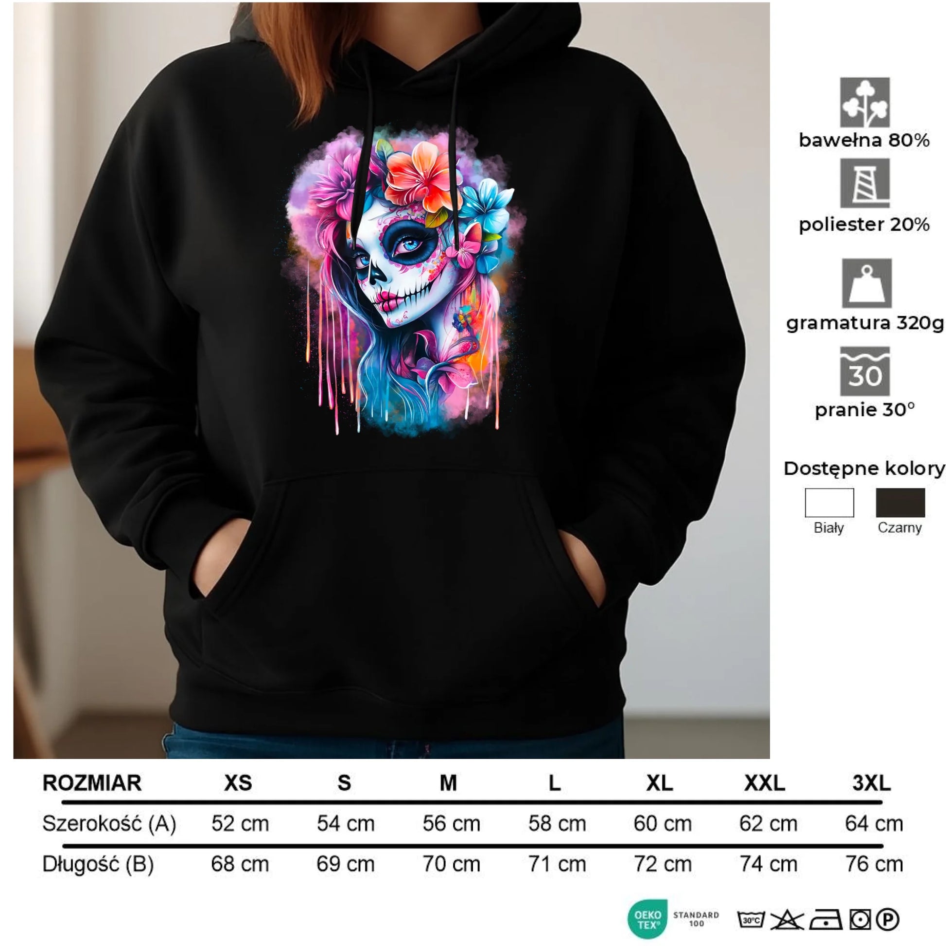 Bluza damska z kapturem Halloween - kolorowa czaszka z kwiatami La Muerte HL05 - StoryCups.pl
