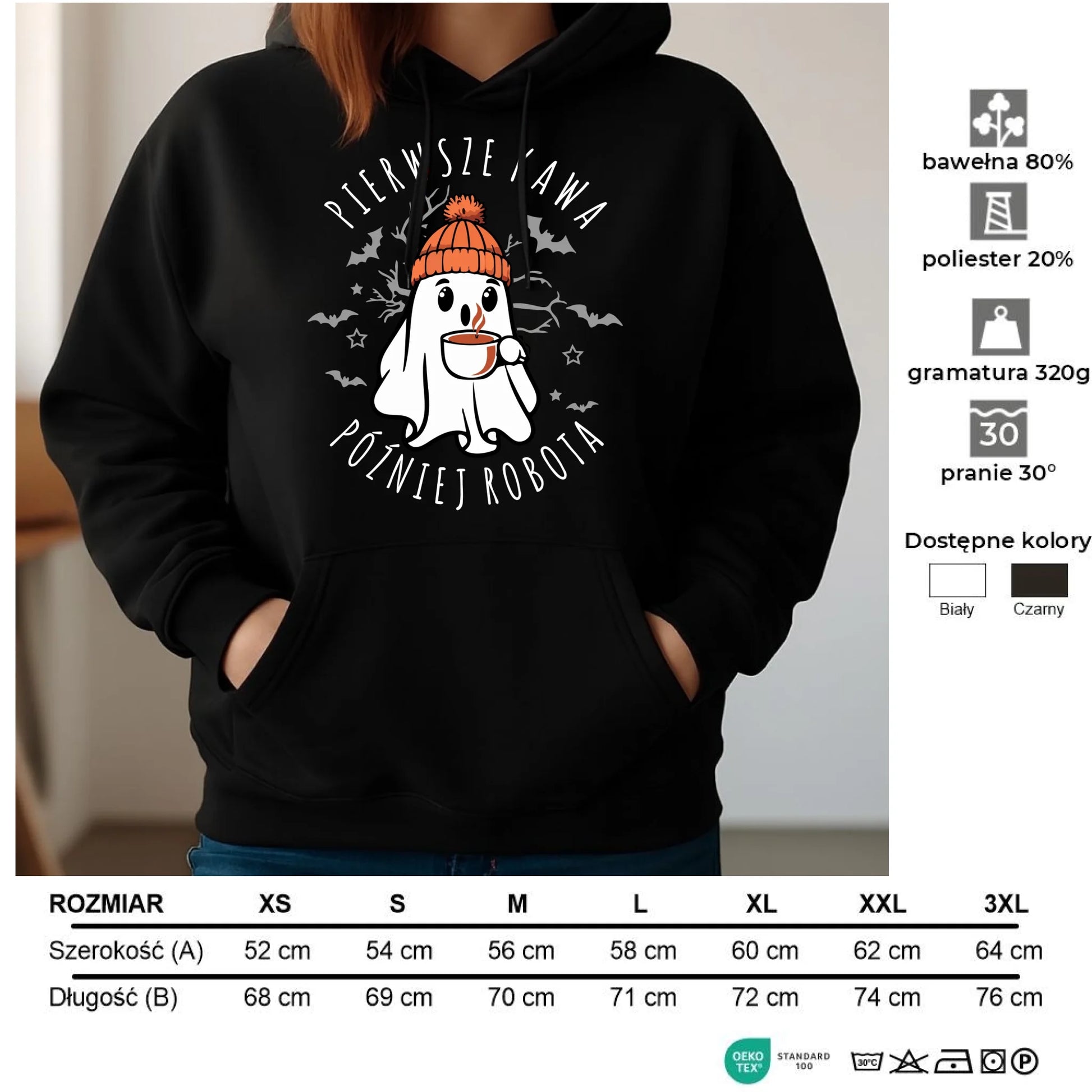 Bluza damska z kapturem na Halloween - Duch z kawą - Pierwsze kawa później robota HL01 - StoryCups.pl