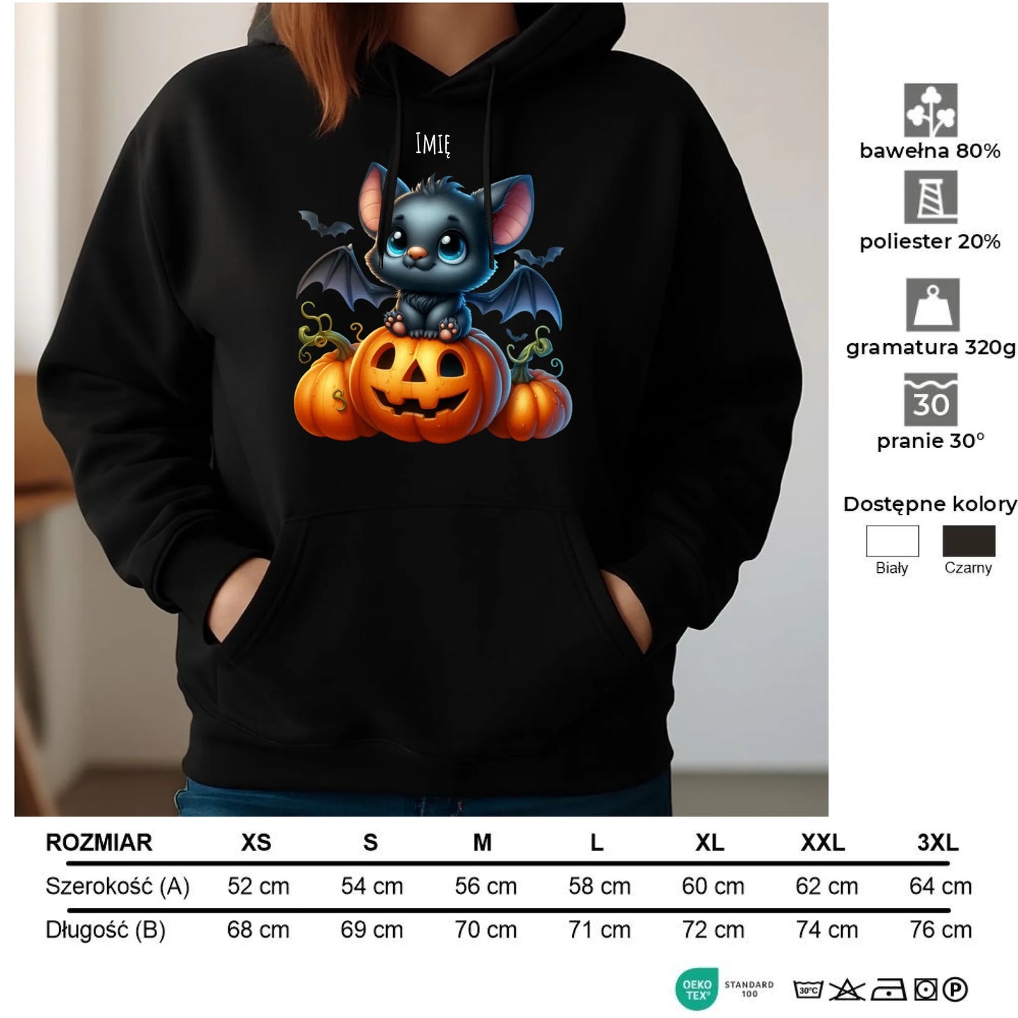 Bluza damska z kapturem halloweenowa - Słodki nietoperz z dynią - personalizowana HL09 - StoryCups.pl