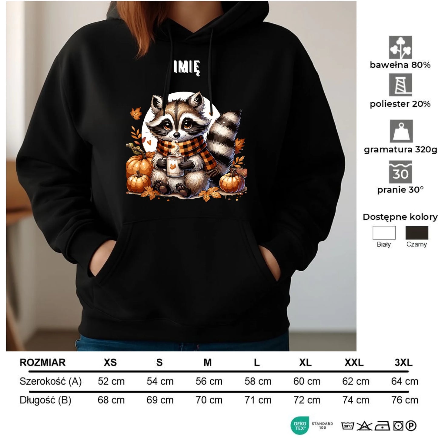 Bluza damska z kapturem jesienna – Szop z kawą i dyniami - personalizowana JS16 - StoryCups.pl