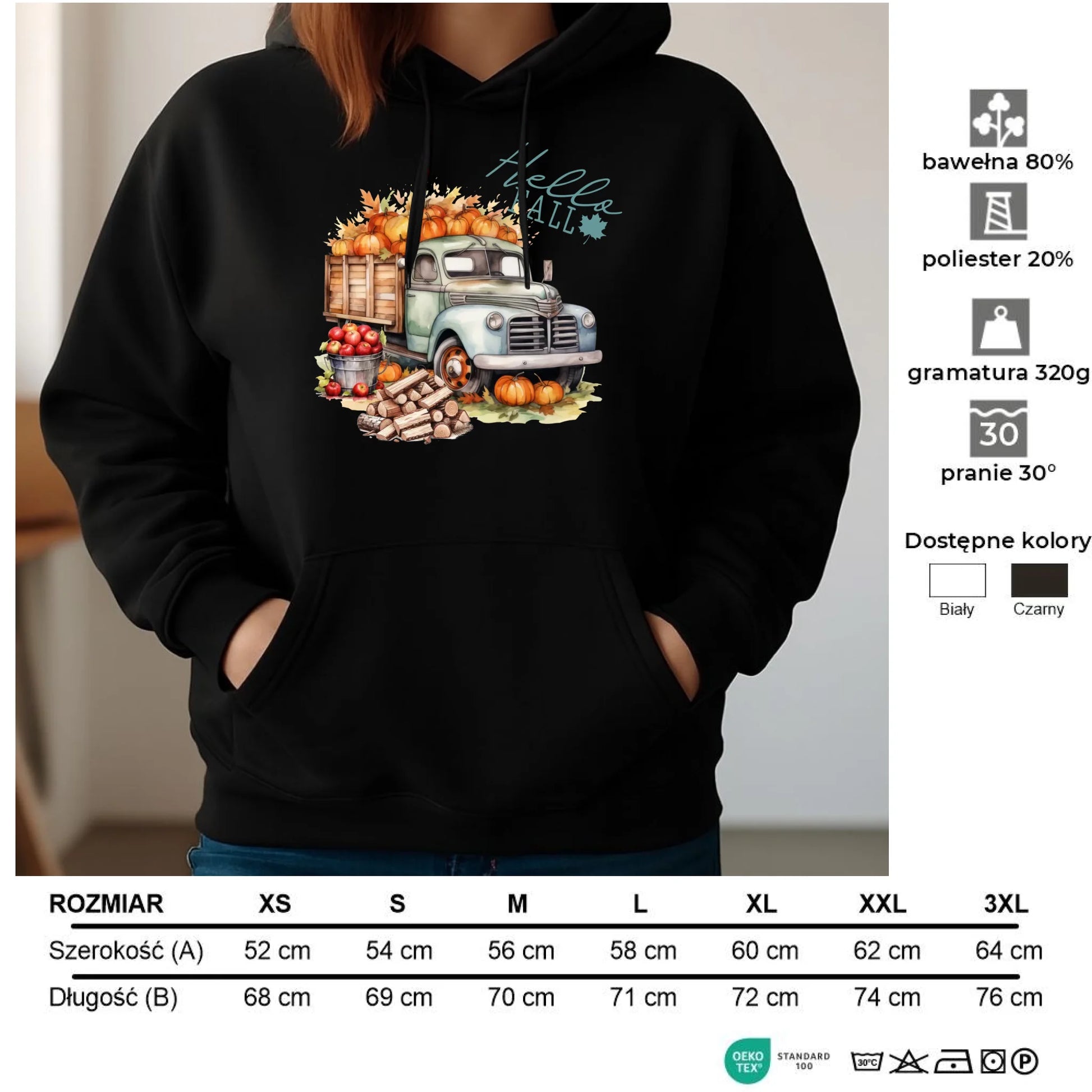 Bluza damska z kapturem – Hello Fall ciężarówka z dyniami JS08 - StoryCups.pl