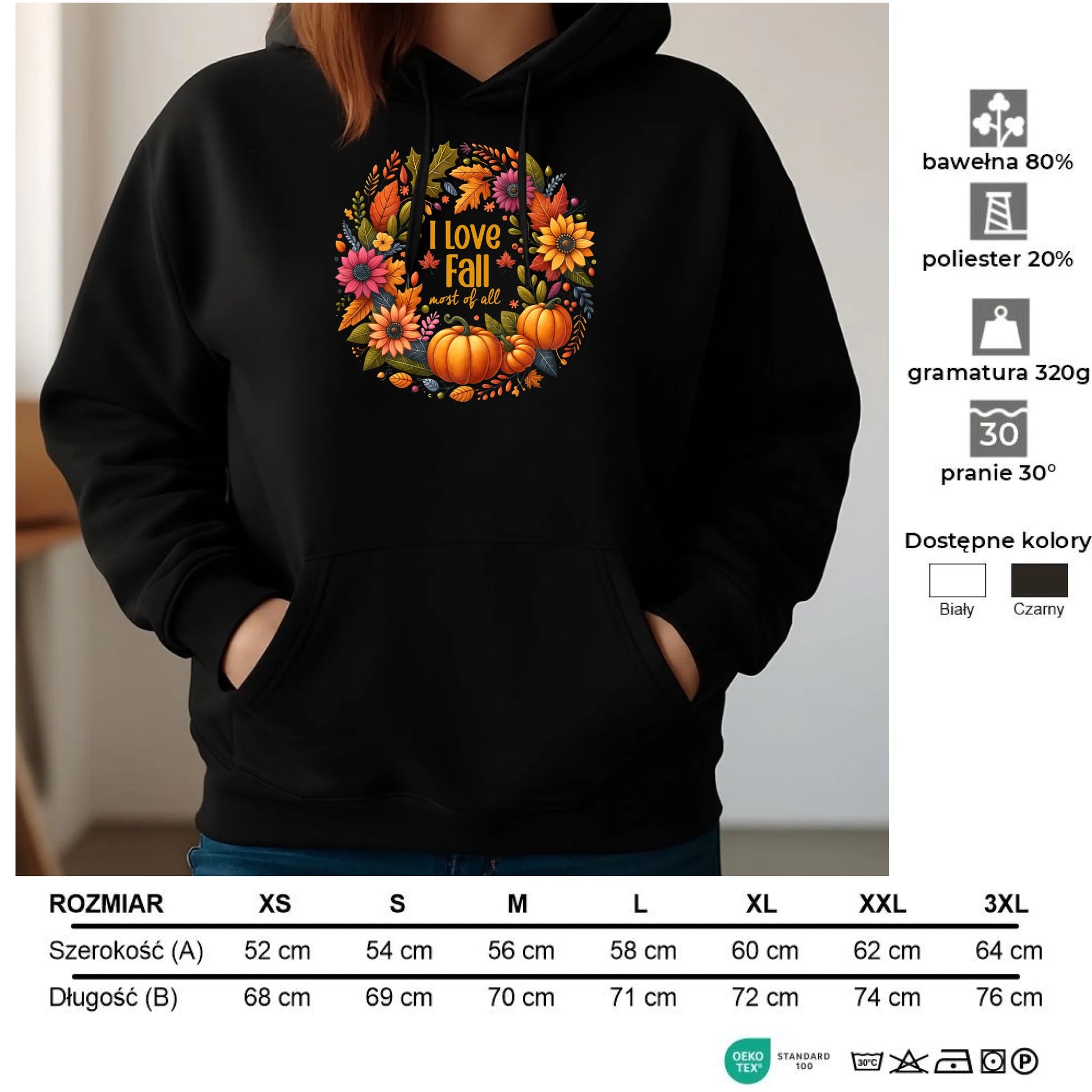 Bluza damska z kapturem jesienna - Kocham jesień - dynia z liśćmi JS03 - StoryCups.pl