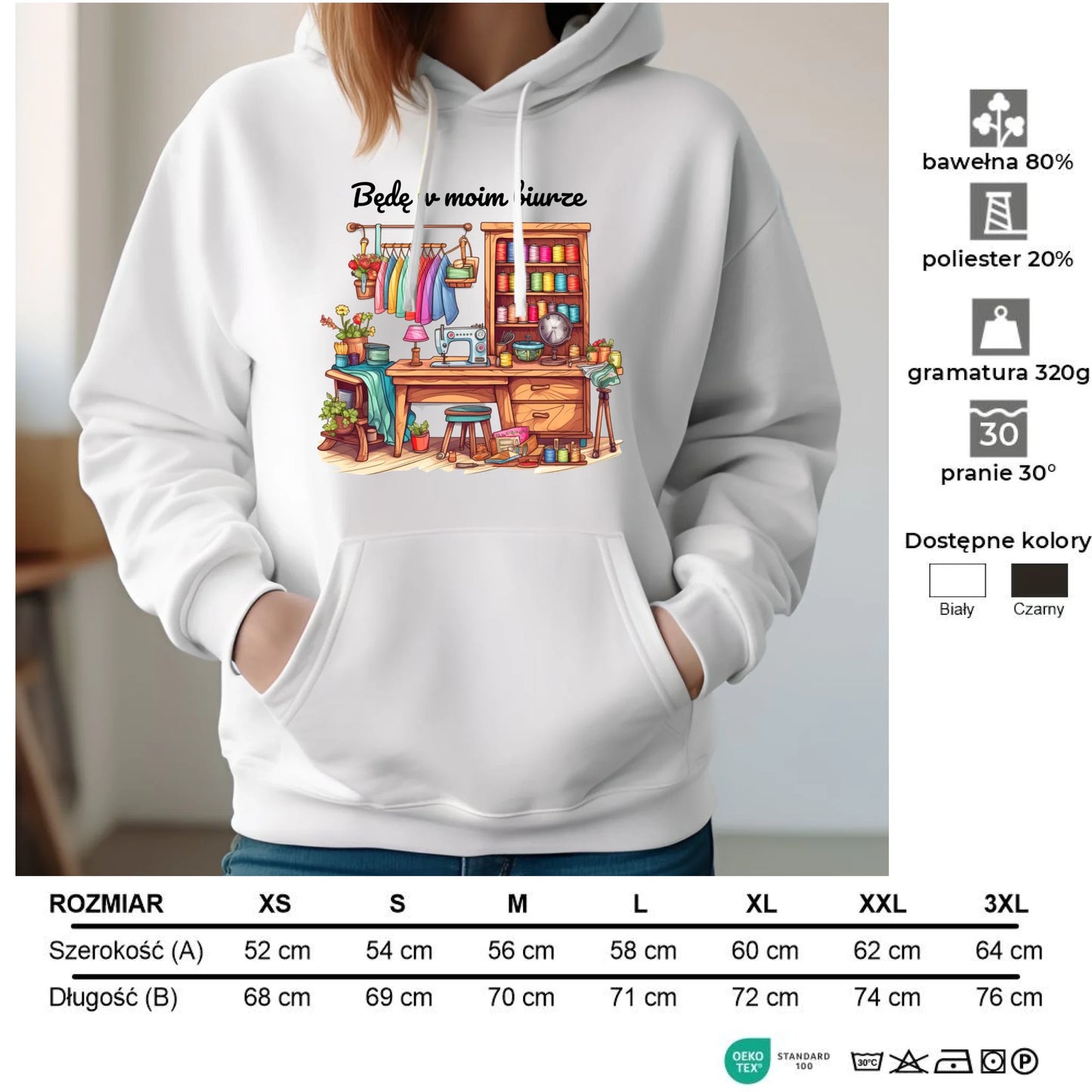 Bluza damska z kapturem szyciowa dla krawcowej - Będę w moim biurze HS07