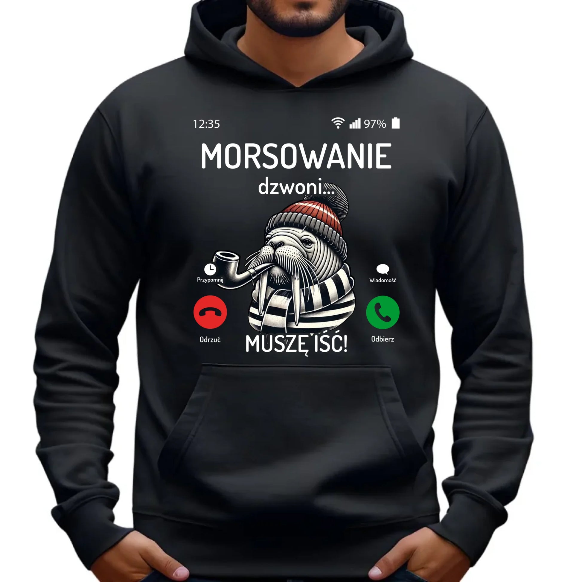 Bluza męska z kapturem - prezent dla morsa - Morsowanie dzwoni muszę iść - Mors HM19 - StoryCups.pl