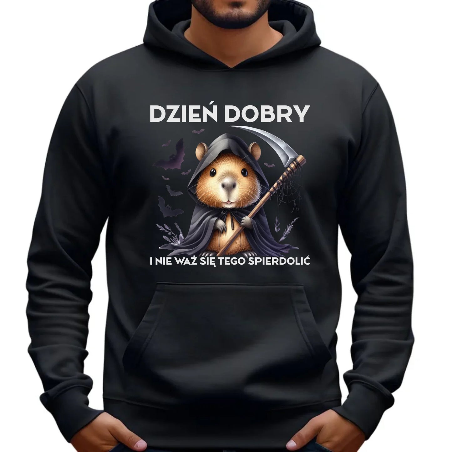 Bluza męska z kapturem na halloween - Kapibara Żniwiarz - Dzień dobry - bez cenzury HL20 - StoryCups.pl