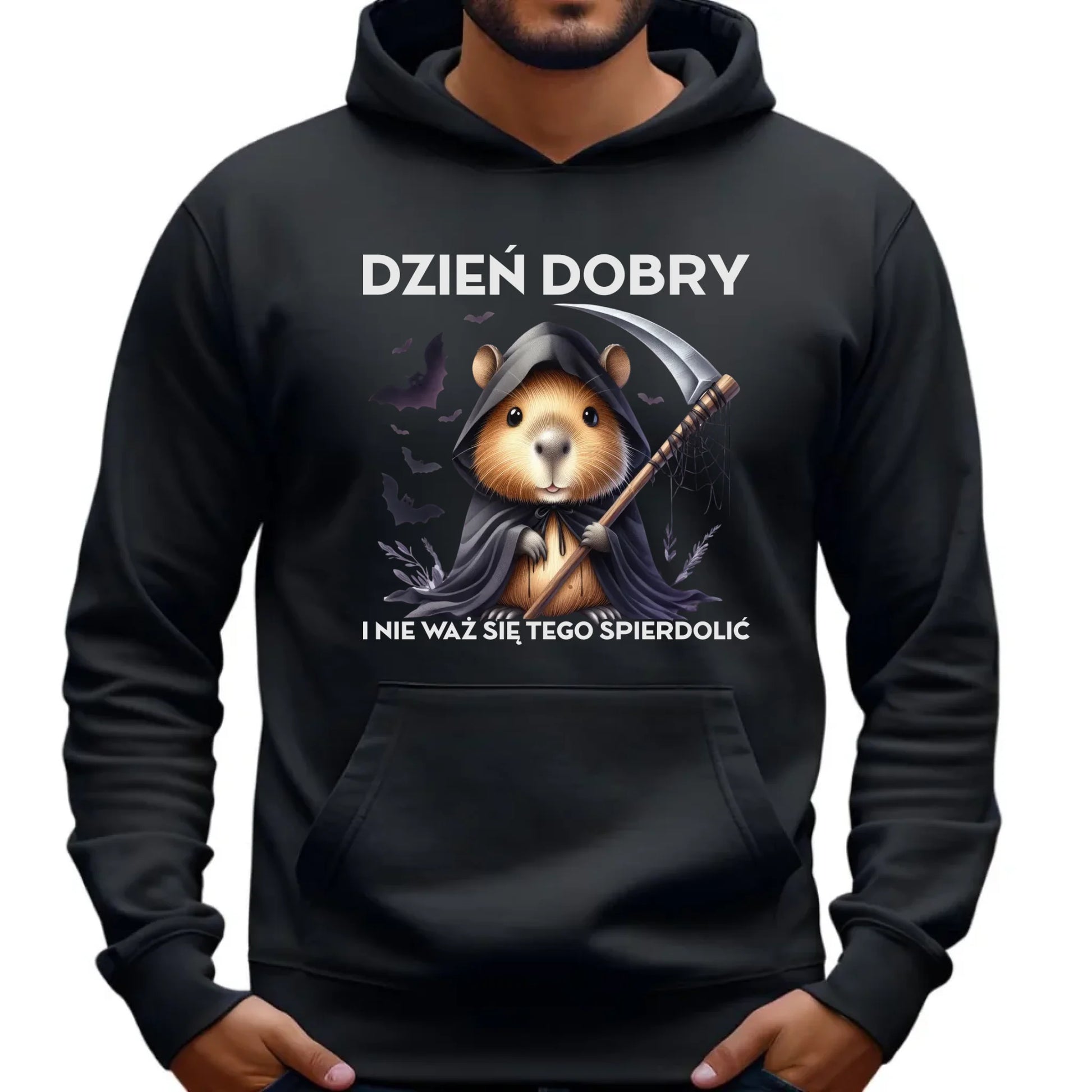 Bluza męska z kapturem na halloween - Kapibara Żniwiarz - Dzień dobry - bez cenzury HL20 - StoryCups.pl