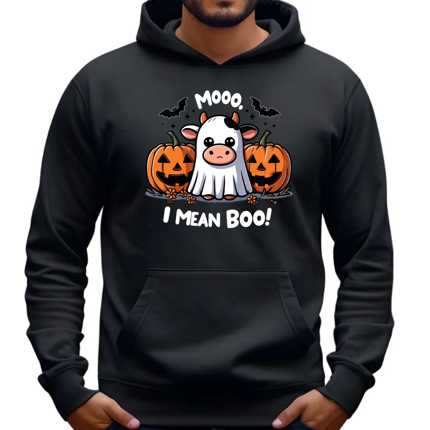 Bluza męska z kapturem na Halloween - Mooo I mean Boo! - z dynią i duchem HL14 - StoryCups.pl
