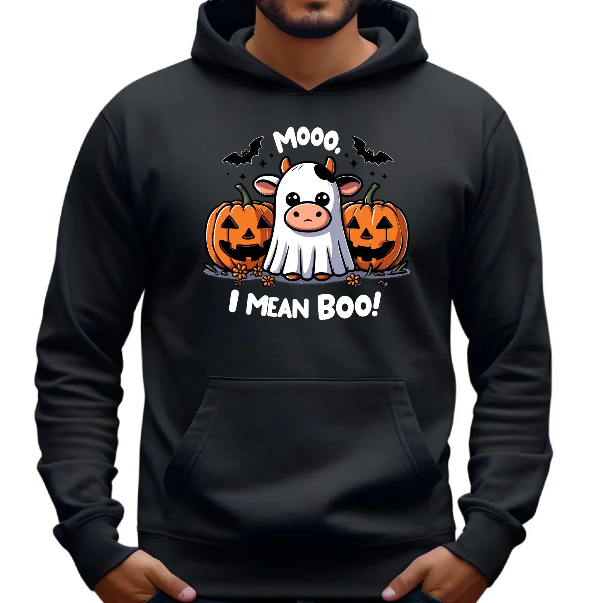 Bluza męska z kapturem na Halloween - Mooo I mean Boo! - z dynią i duchem HL14 - StoryCups.pl