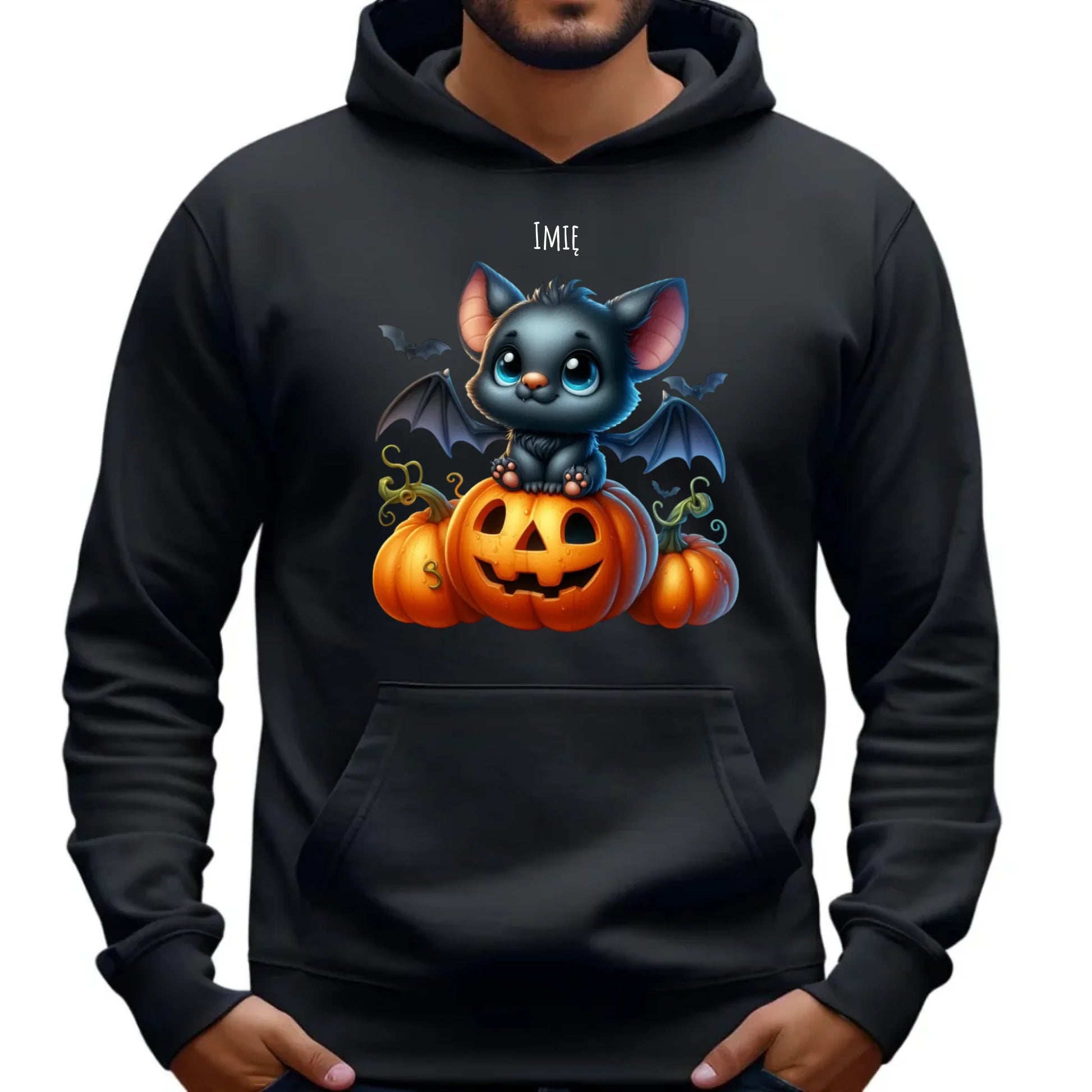 Bluza męska z kapturem halloweenowa - Słodki nietoperz z dynią - personalizowana HL09 - StoryCups.pl