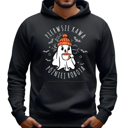 Bluza męska z kapturem na Halloween - Duch z kawą - Pierwsze kawa później robota HL01 - StoryCups.pl