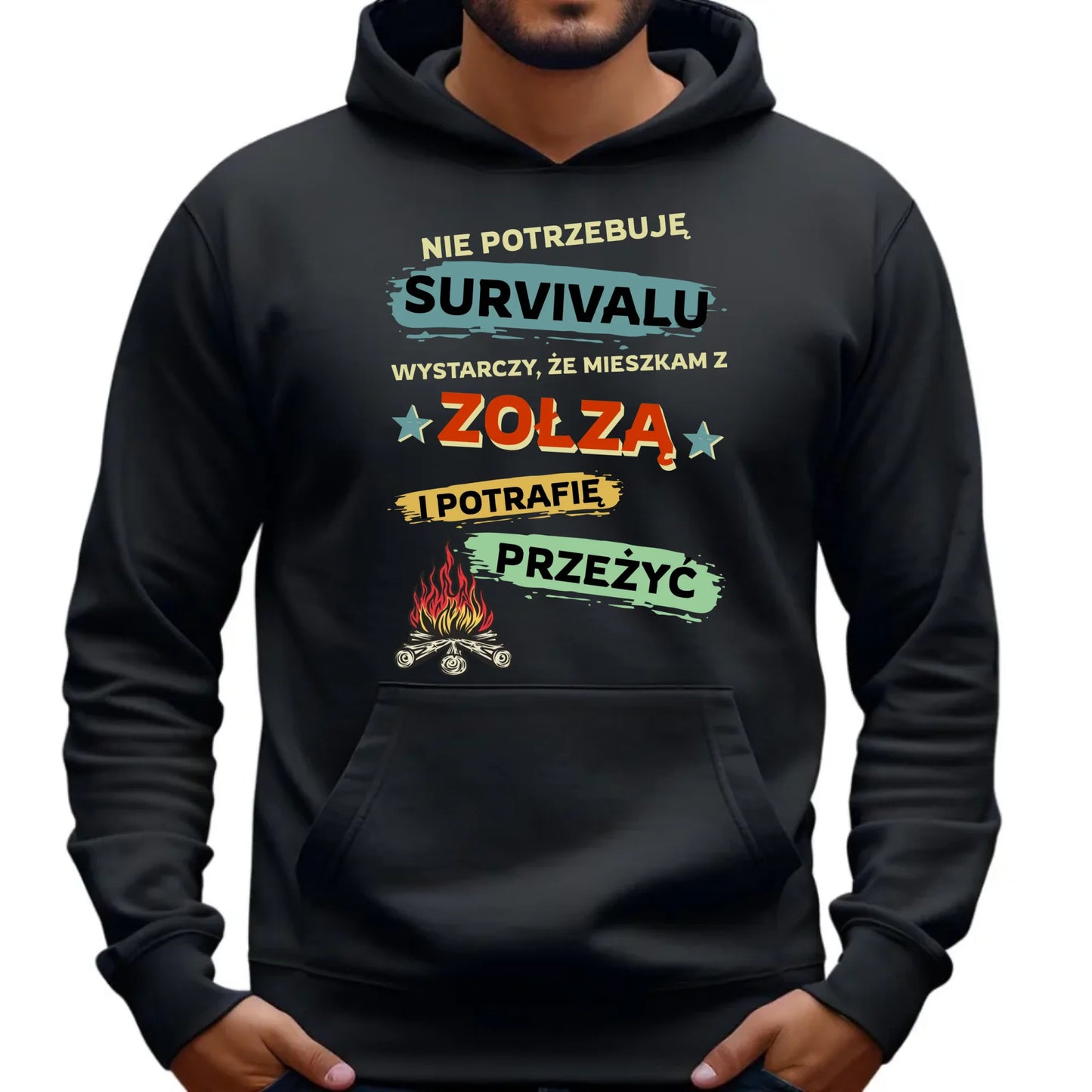 Bluza męska z kapturem – Prezent dla chłopaka męża - Nie potrzebuję survivalu, mieszkam z zołzą DCH25 - StoryCups.pl