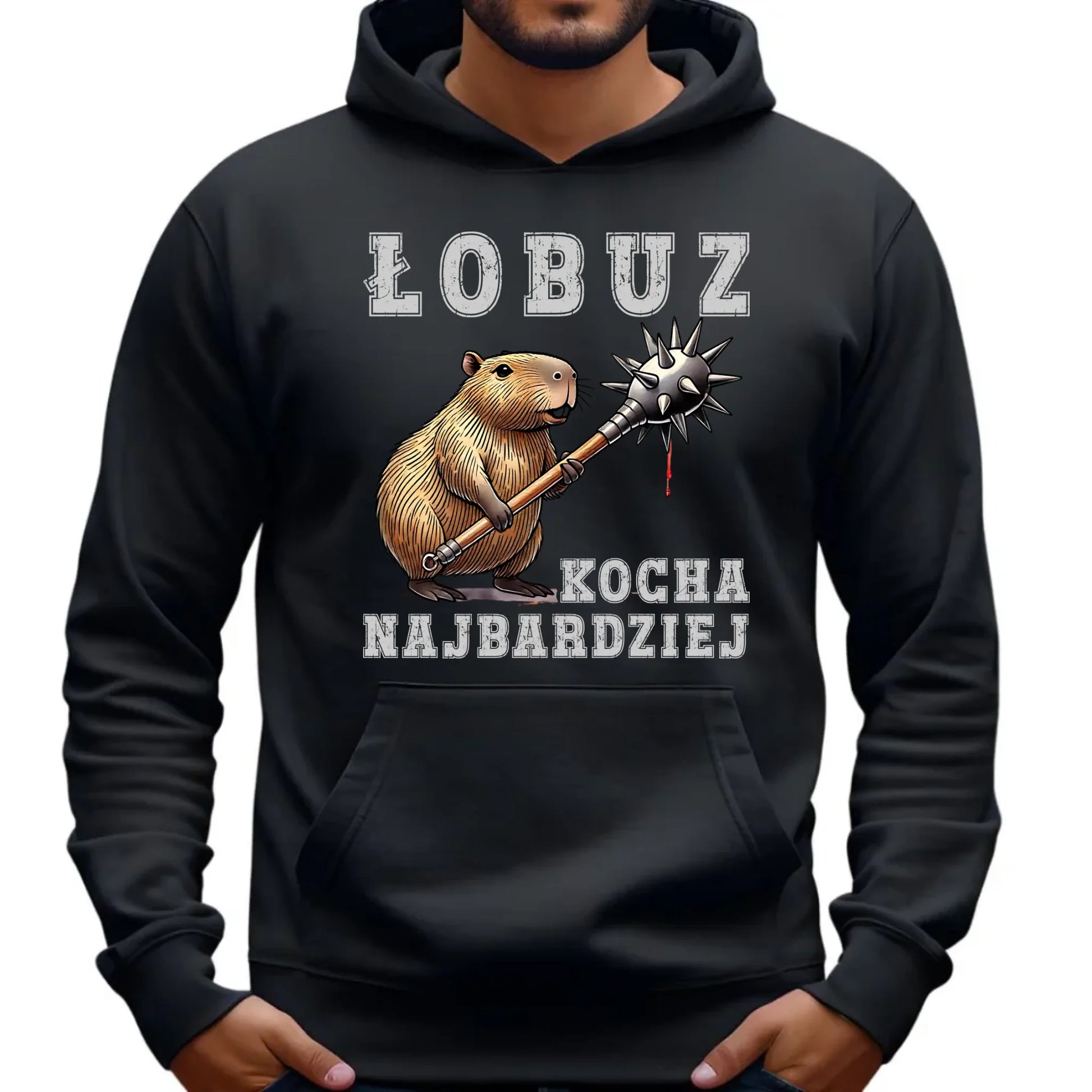 Bluza męska z kapturem - prezent dla chłopaka - Łobuz kapibara z maczugą DCH17 - StoryCups.pl