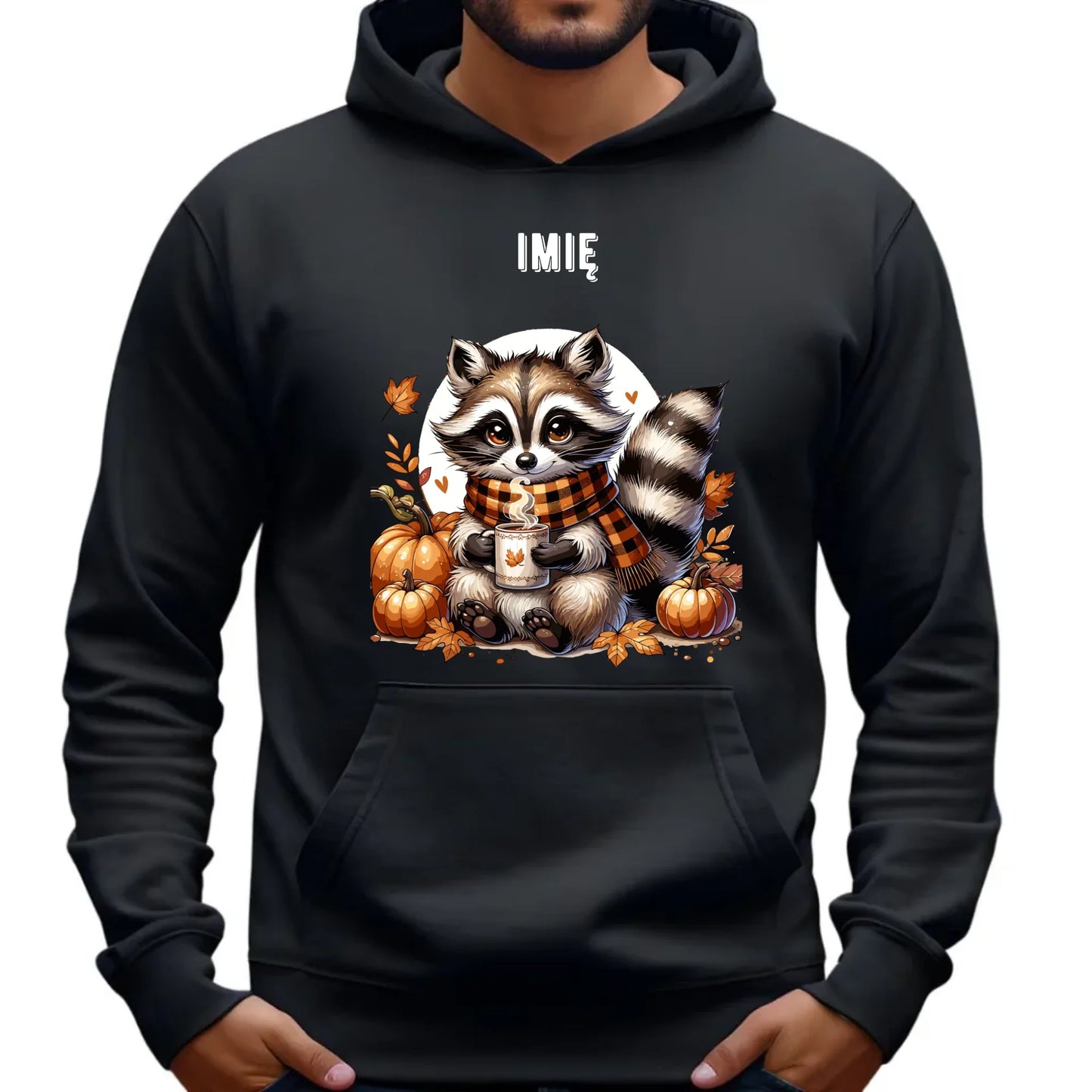 Bluza męska z kapturem jesienna – Szop z kawą i dyniami - personalizowana JS16 - StoryCups.pl