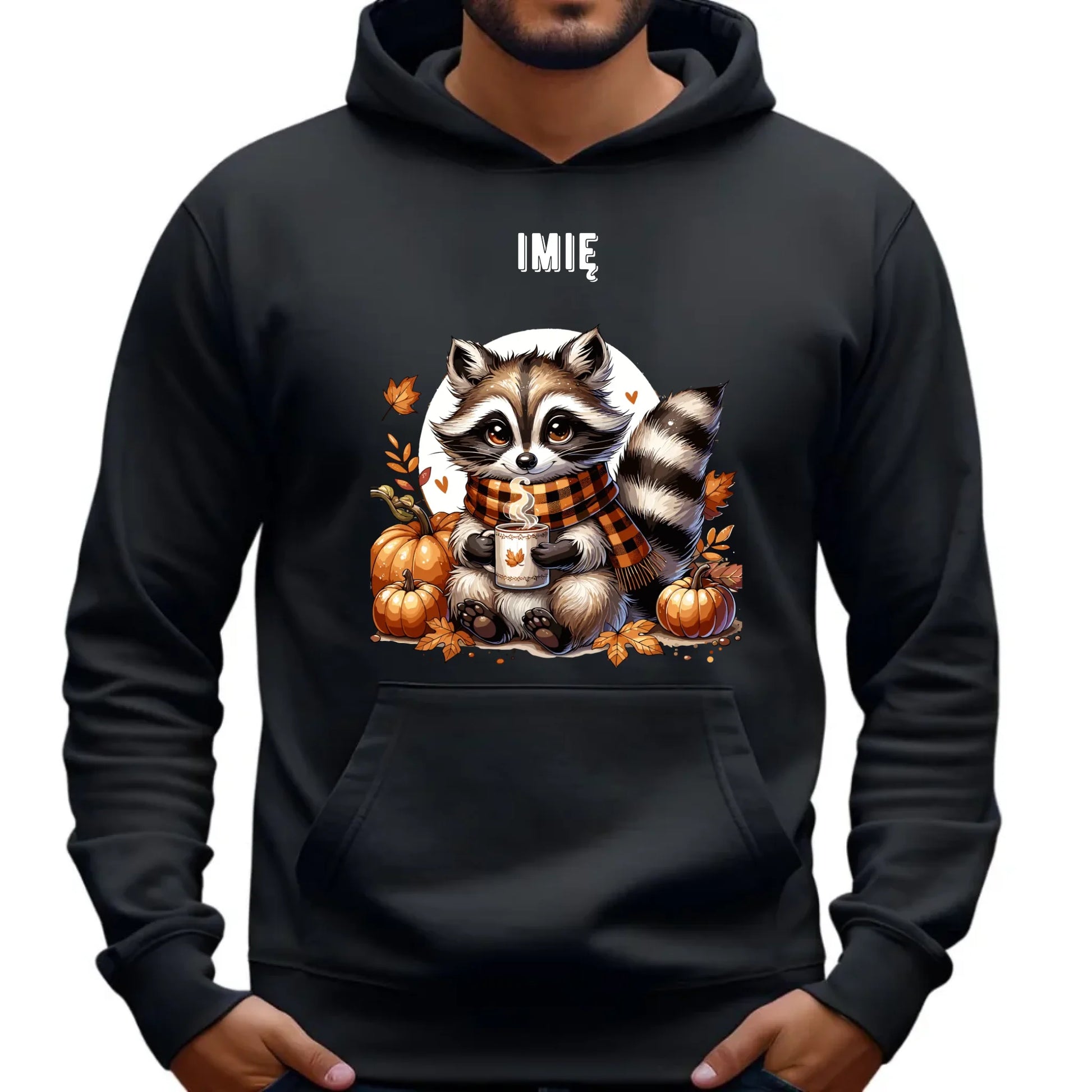 Bluza męska z kapturem jesienna – Szop z kawą i dyniami - personalizowana JS16 - StoryCups.pl