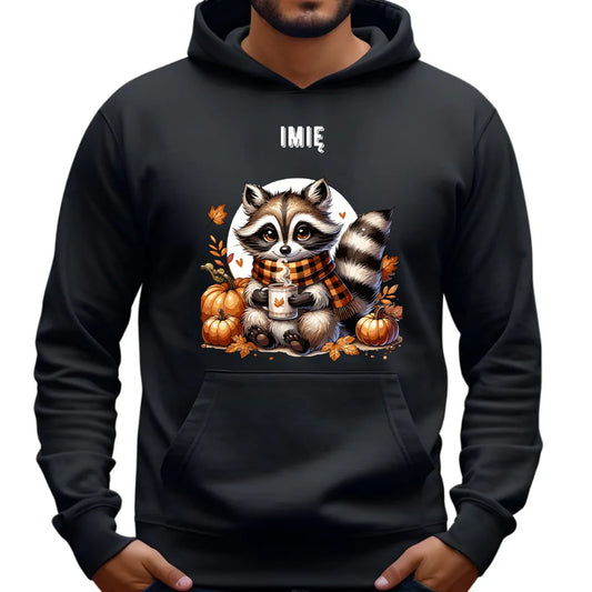 Bluza męska z kapturem jesienna – Szop z kawą i dyniami - personalizowana JS16 - StoryCups.pl