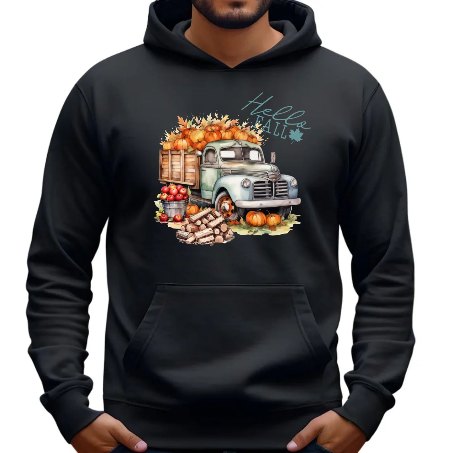 Bluza męska z kapturem jesienna – Hello Fall ciężarówka z dyniami JS08 - StoryCups.pl