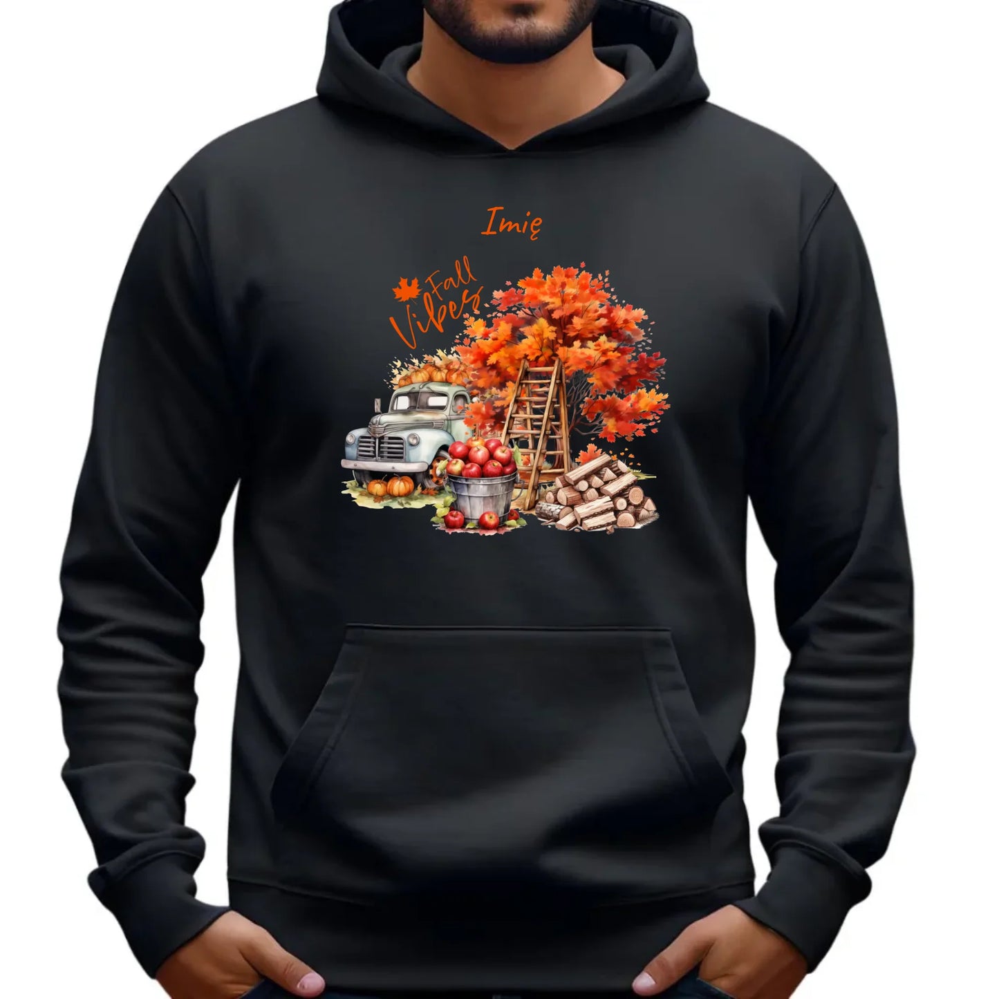 Bluza męska z kapturem jesienna – Vintage auto dynie i jabłka – personalizowana JS07 - StoryCups.pl