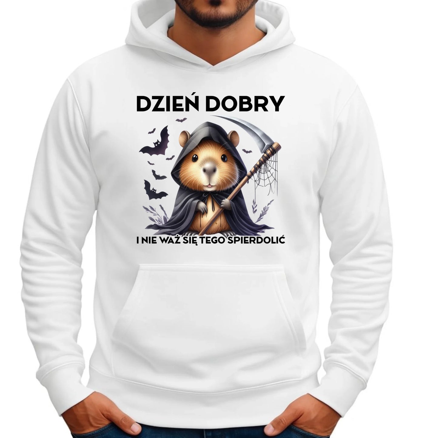 Bluza męska z kapturem na halloween - Kapibara Żniwiarz - Dzień dobry - bez cenzury HL20 - StoryCups.pl