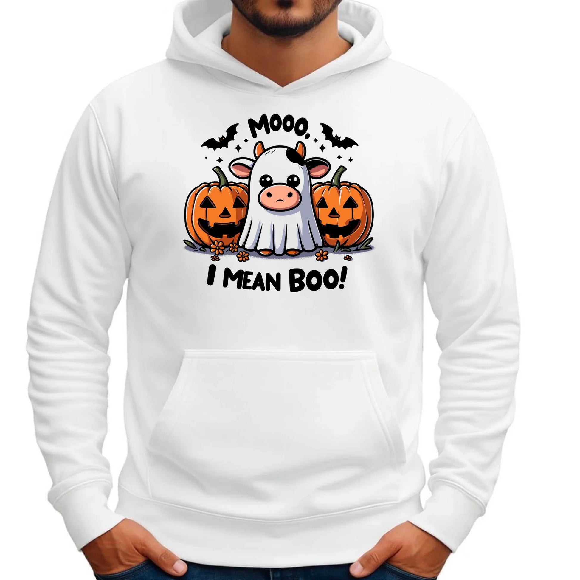 Bluza męska z kapturem na Halloween - Mooo I mean Boo! - z dynią i duchem HL14 - StoryCups.pl