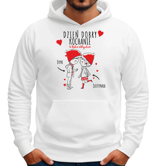 Bluza męska z kapturem dla par - prezent na Walentynki - Dzień dobry Kochanie - personalizowana W10 - StoryCups.pl