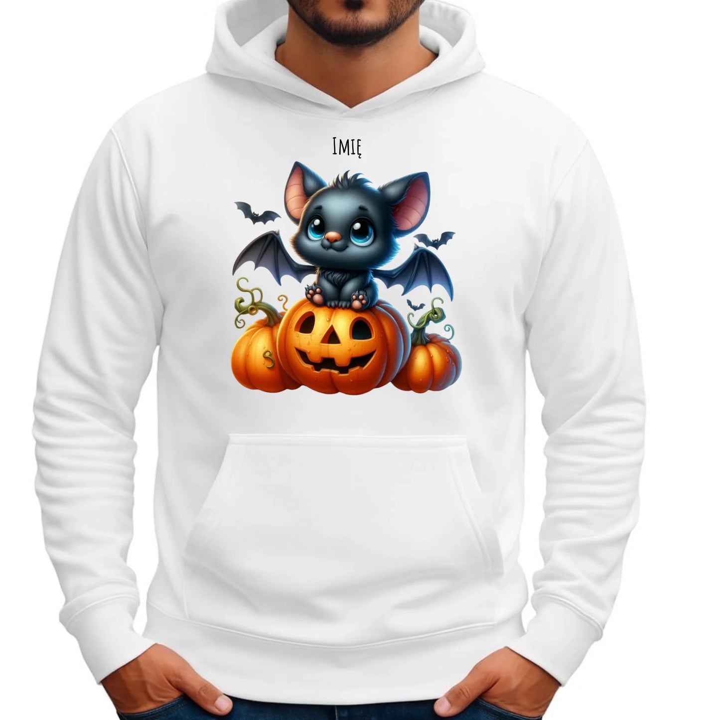 Bluza męska z kapturem halloweenowa - Słodki nietoperz z dynią - personalizowana HL09 - StoryCups.pl